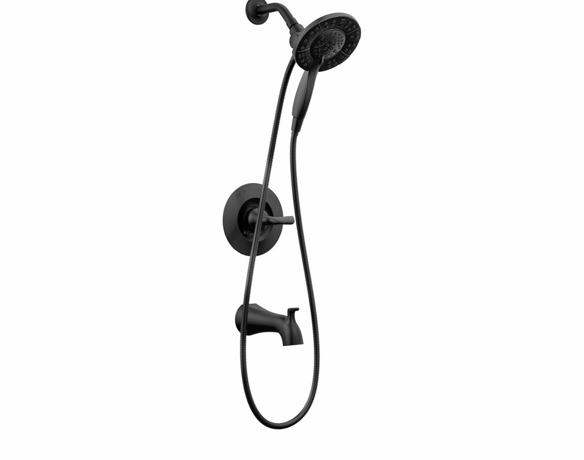 delta arvo 14 series matte black bathtub shower faucet set with in2ition 2-in-1 dual shower head with handheld spray combo