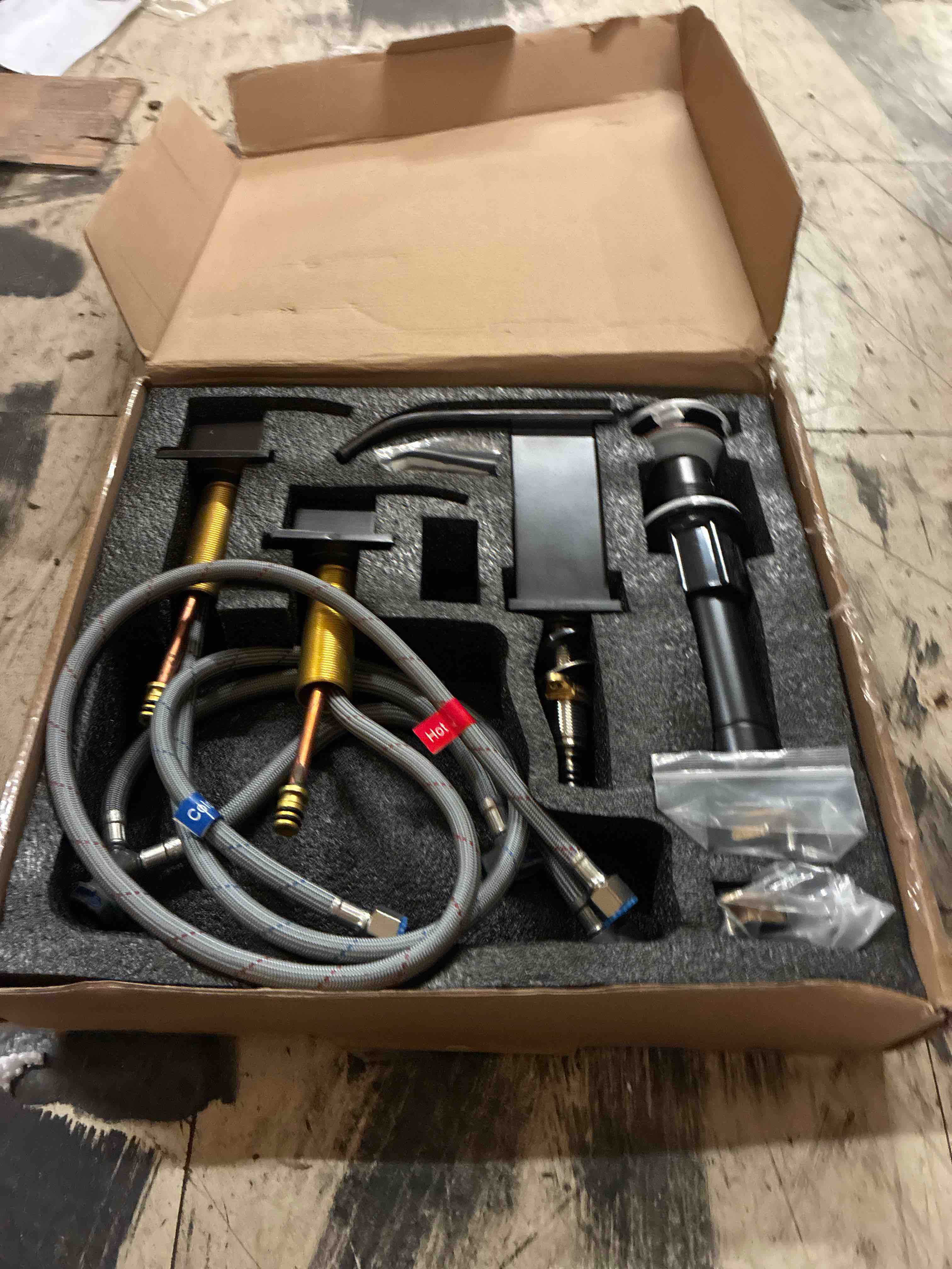 Condition photo showing New/Like New for matte black 2 handle waterfall widespread bathroom faucet for 3 hole sink