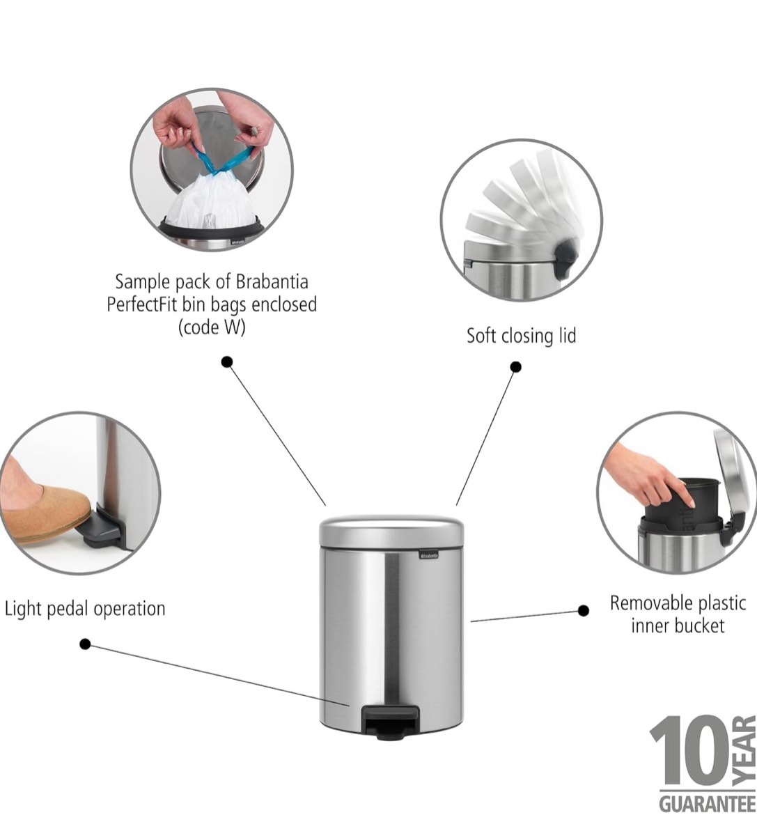 Condition photo showing New/Like New for brabantia 112645 pedal bin newicon with plastic inner bucket, 5 litre - matt steel