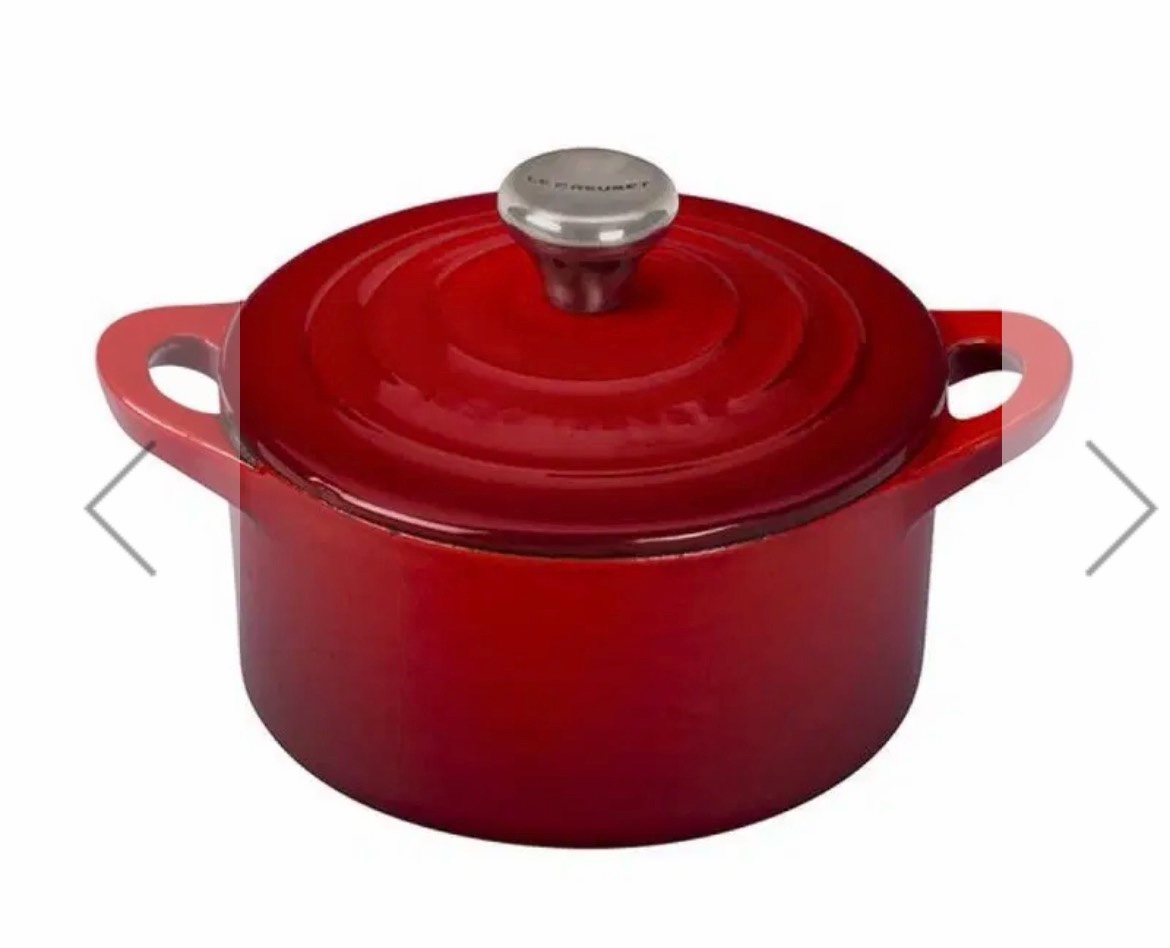Condition photo showing New/Like New for le creuset 10.5 oz mini cocotte with stainless steel knob | cerise/cherry red