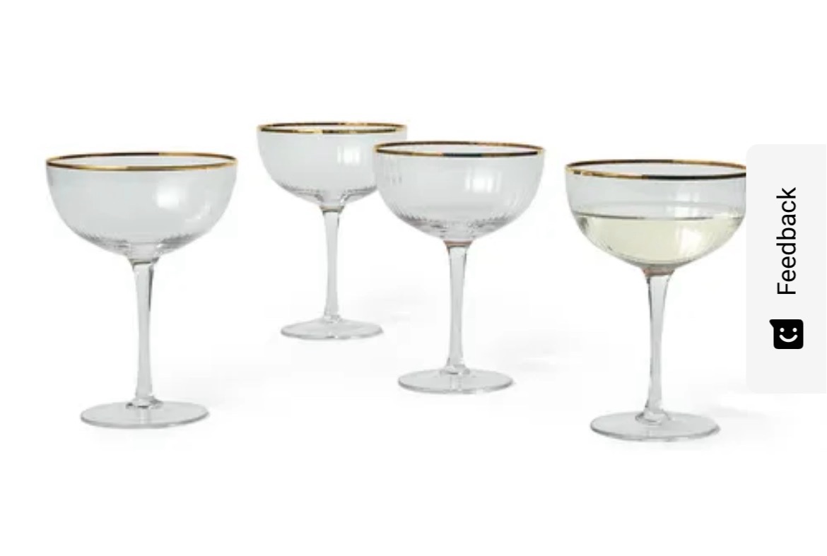 Condition photo showing New/Like New for sur la table gold rim coupe glass set of 4