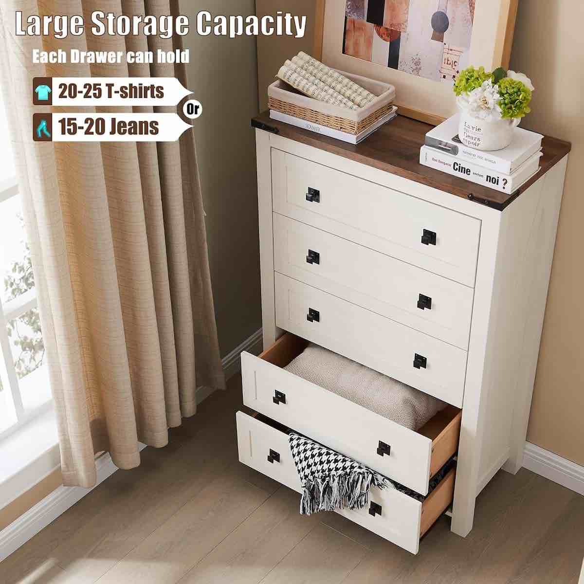 Condition photo showing New/Like New for 48" tall farmhouse 5 drawer wood dresser, chest of drawers for bedroom - antique white