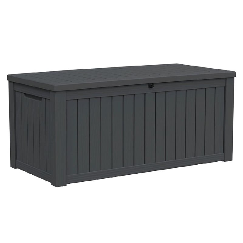 Condition photo showing New/Like New for 150-gallon weatherproof outdoor storage box with woodgrain finish - black resin