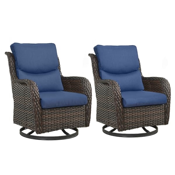 Condition photo showing New/Like New for 2 pieces outdoor gliders swivel chairs with 5-inch thick cushions - 2pcs swivel chairs - brown rattan - blue cushion