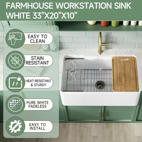 Condition photo showing New/Like New for 33 in. workstation farmhouse sink single bowl white fireclay apron-front farmhouse kitchen sink with cutting board