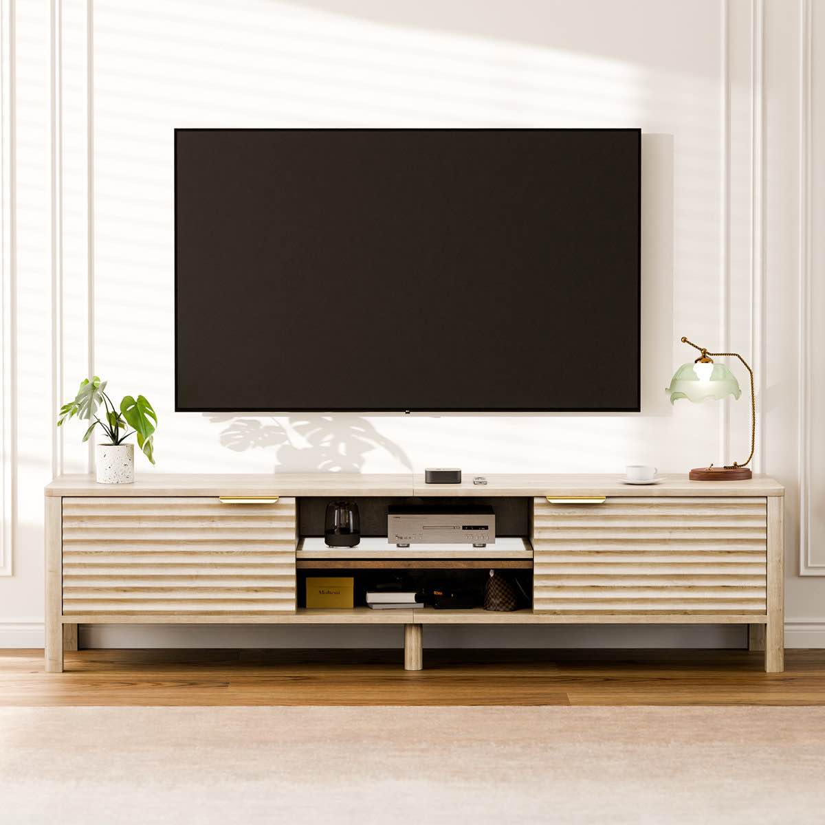 Condition photo showing New/Like New for mid-century tv stand - walnut color entertainment center to 65" tvs, dual accessible cabinets with cable outlet, modern home furniture