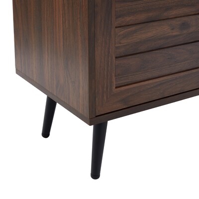 Condition photo showing New/Like New for mid-century modern tv stand with open shelf and side cabinets