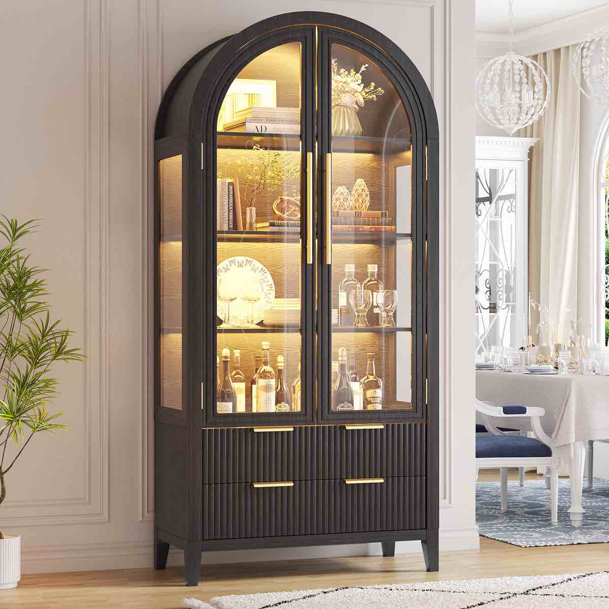 Condition photo showing New/Like New for wrought studio 71"h arch display cabinet with rgb sensor light, freestanding glass storage cabinet for home office