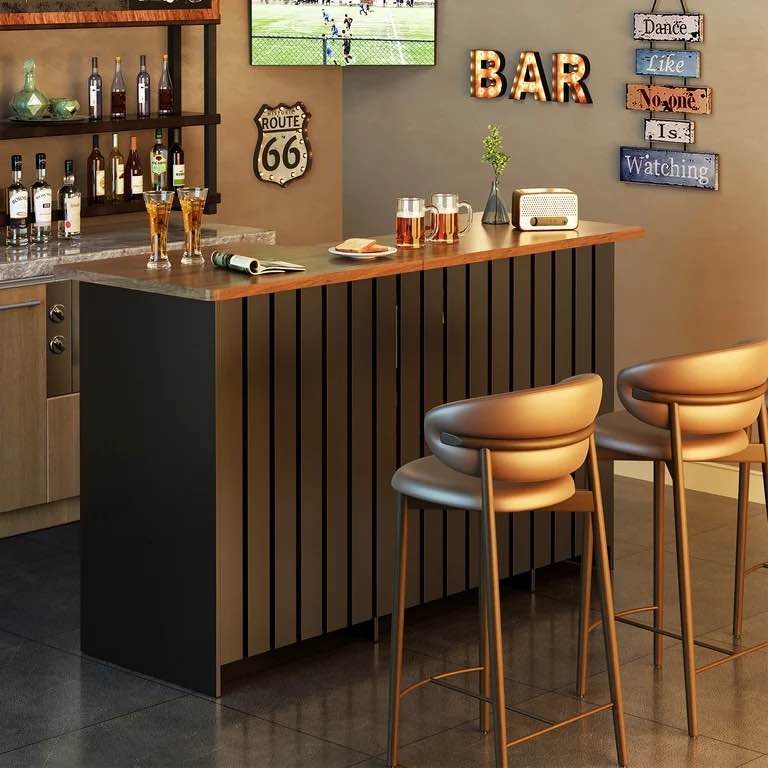 Condition photo showing New/Like New for u-shape liquor cabinet with fridge space, bar table with wine rack glass holder, wine bar cabinet with storage, home bar cabinet for living room dining room home pub basement, black bl01jtb