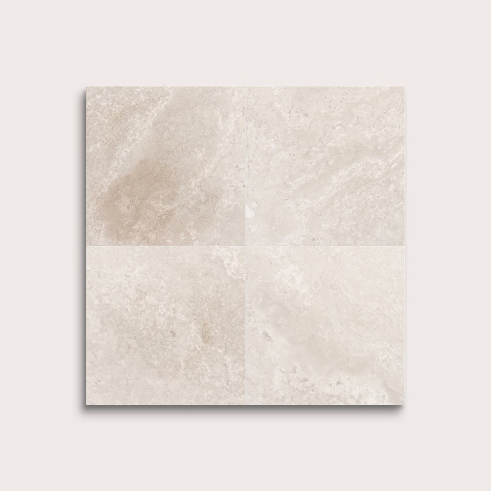 Condition photo showing New/Like New for beige wave cross cut 12x12 limestone tile | honed