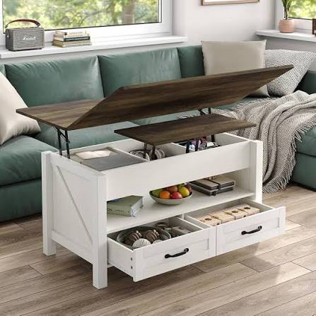 Condition photo showing New/Like New for furniouse coffee table with 2 storage drawers and open storage shelf, retro multi-function lift top coffee table, coffee table converts to dining table, for living room home office, brown top