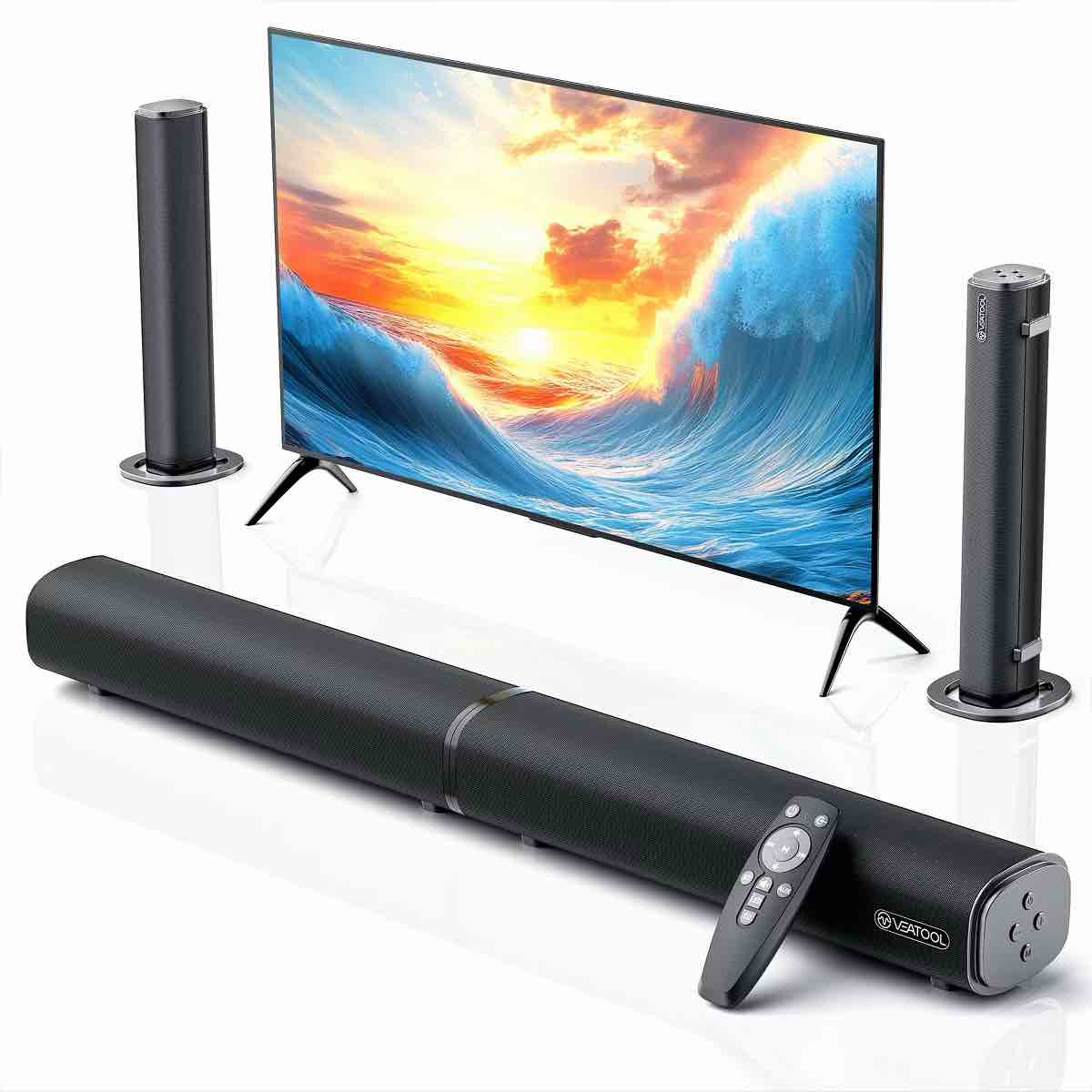 veat00l 2.2ch soundbar, 100w bluetooth 5.3, 3d surround, powerful bass, home theater, usb/optical/aux, split design.
