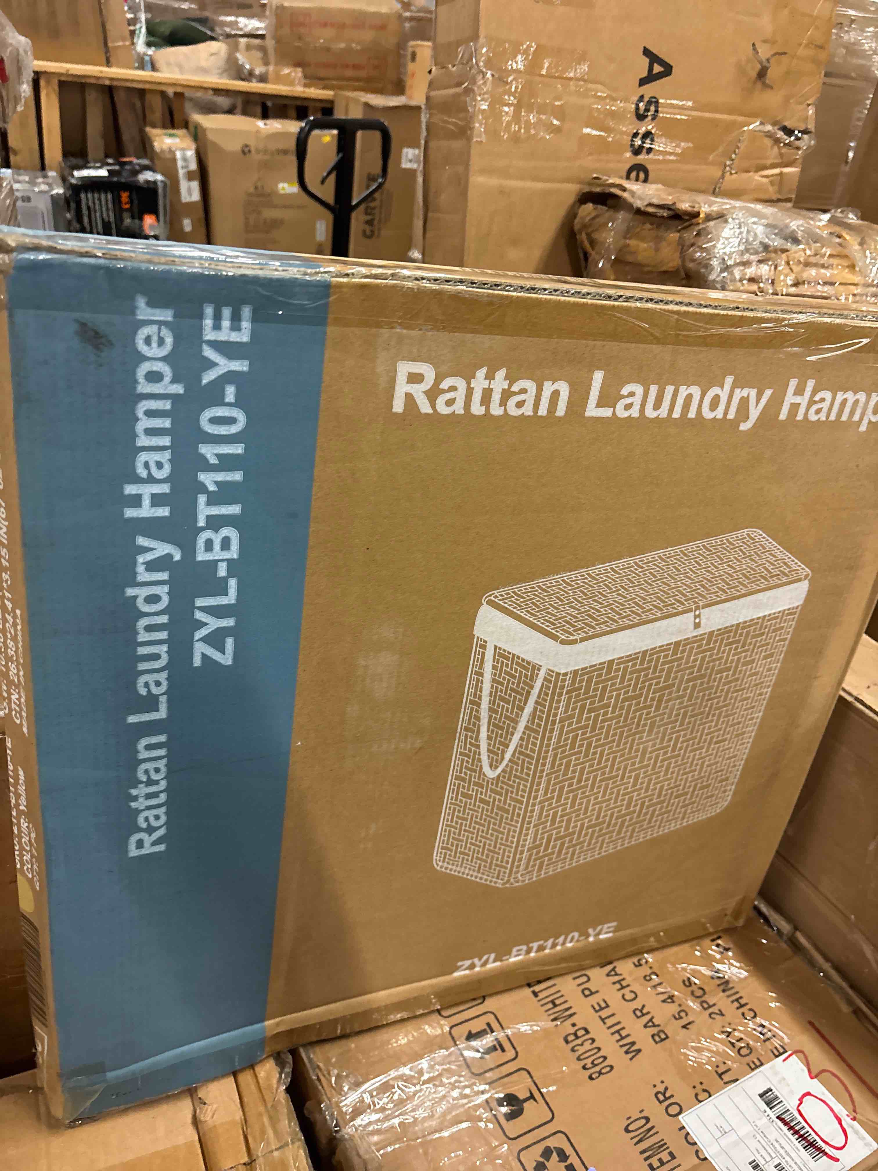 Condition photo showing New/Like New for laundry basket with lid, 110 l hand-woven pp rattan laundry basket with compartments & handles, foldable, removable liner, natural