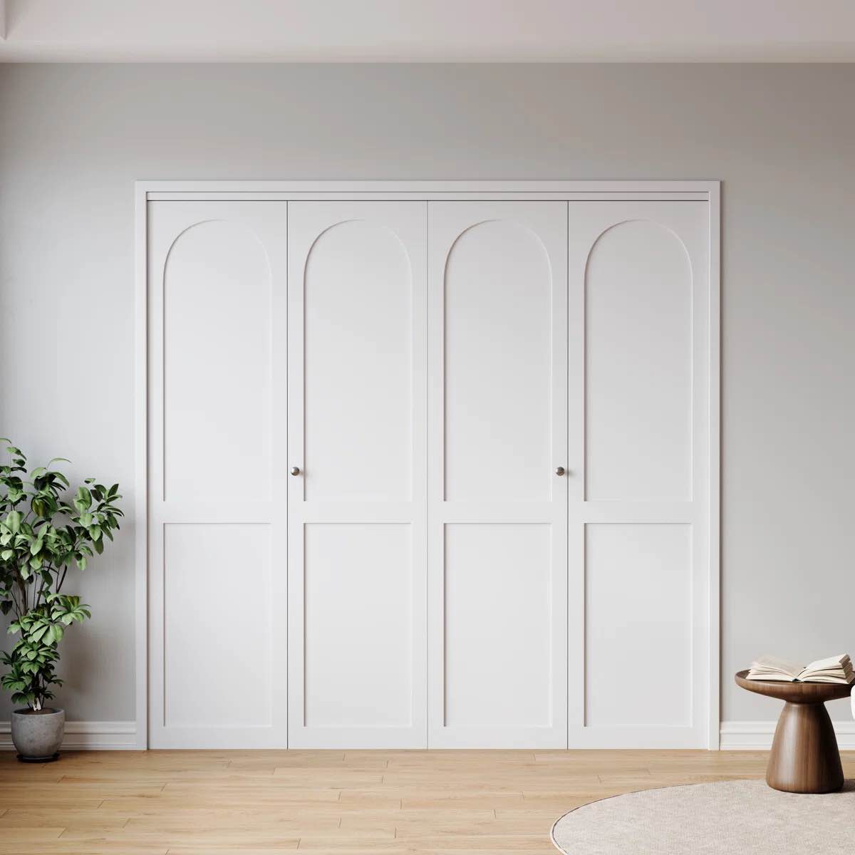 Condition photo showing New/Like New for white primed 72''w x 78"h solid core shaker bi-fold door with installation hardware kit