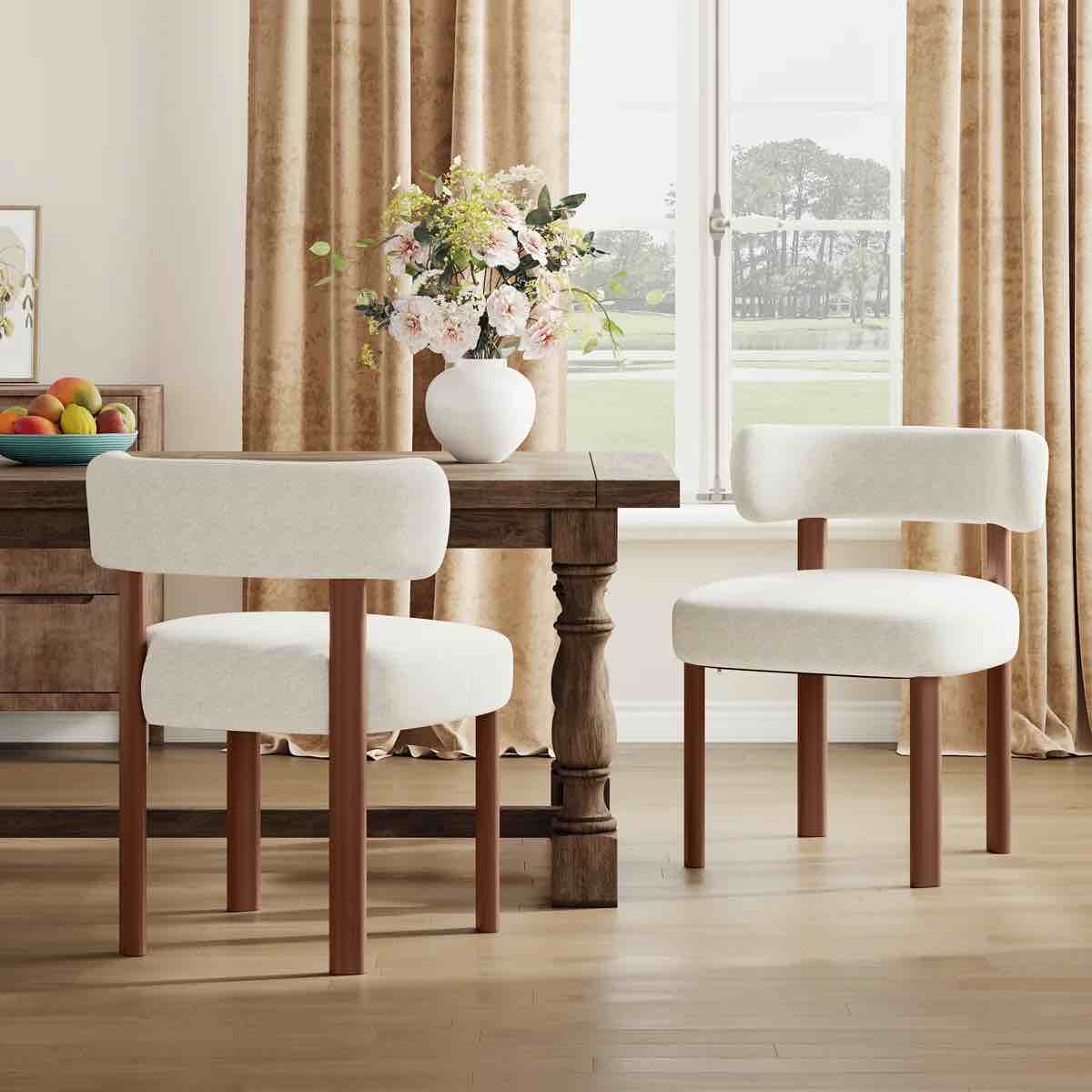 Condition photo showing New/Like New for solid wood upholstered fabric dining chairs (set of 2)