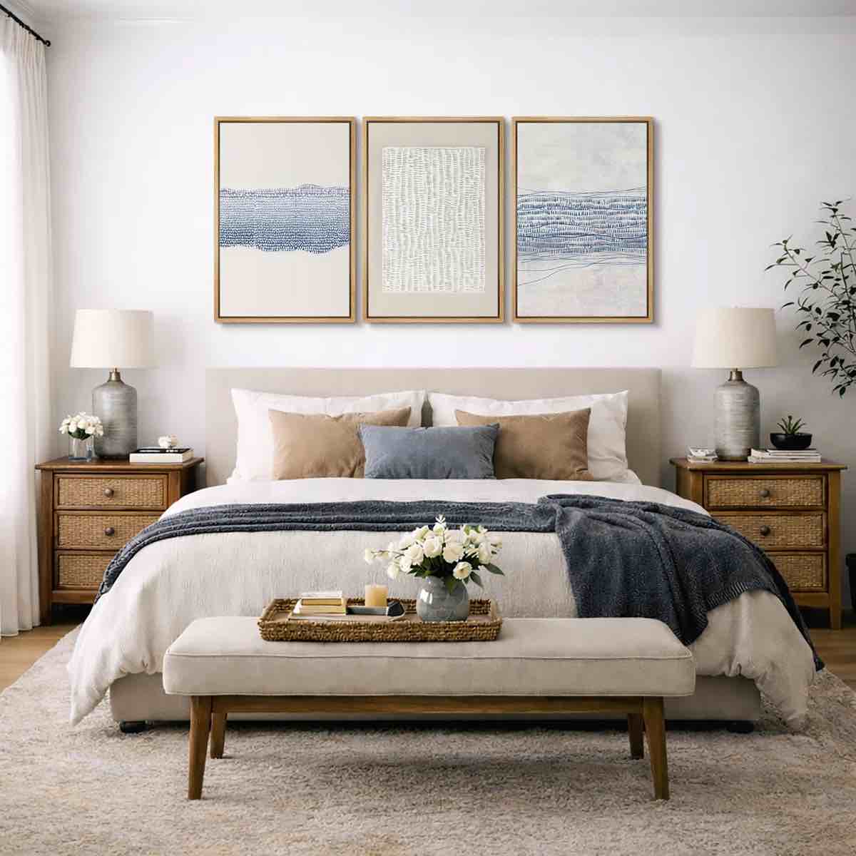 Condition photo showing New/Like New for geometric line "grunge beige blue abstract artwork, modern neutral minimalist wall pictures, large framed canvas giclee print 3 pieces wall art"