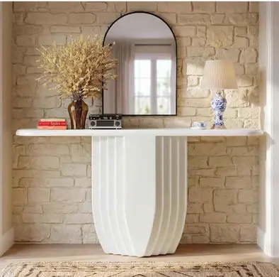 Condition photo showing New/Like New for modern console table, warm white entryway table for hallway, living room