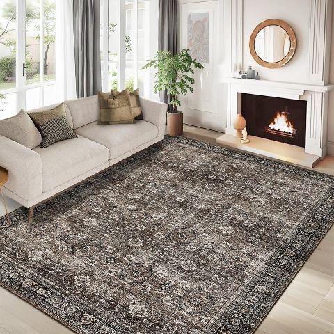 Washable Rugs Rug for Living Room Vintage Non Slip Bedroom Rug Retro Floral Accent Rugs Soft Faux Wool Low Pile Stain Resistant Carpet for Office (8' x 10')
