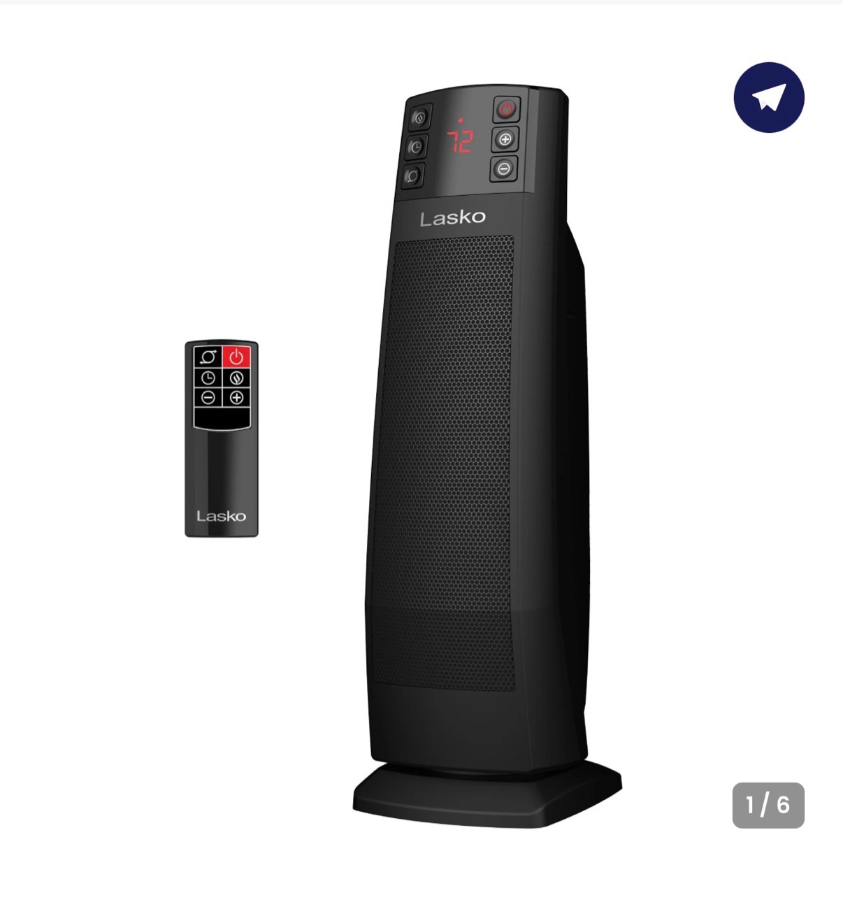 Lasko 22 Oscillating Ceramic Tower Space Heater, Auto Dimming Display, Tip-Switch, Remote, CT22850