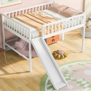 Jaecia Kids Full Size Wooden bed with slide White (Incomplete box 1 of 2 Only)