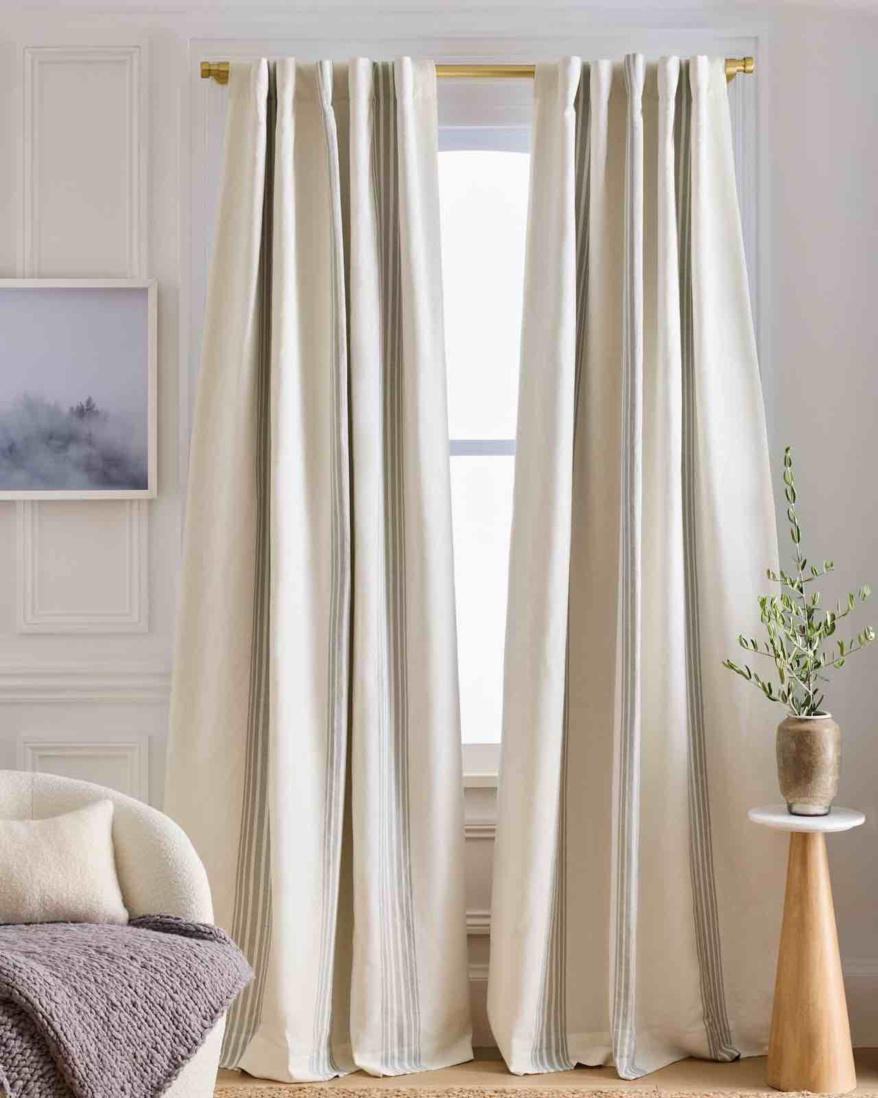 Coastal Stripe Linen Cotton Room Darkening Curtain Set of 2