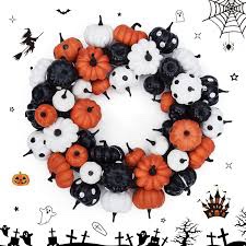 18 Inch Fall Farmhouse Halloween Wreath with Orange, Pumpkins