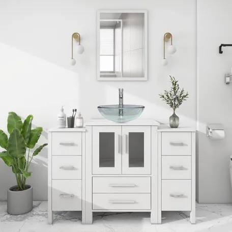 48 Bathroom Vanity Sink Combo with Glass Sink, Wood Top, (only cabinet, no top)