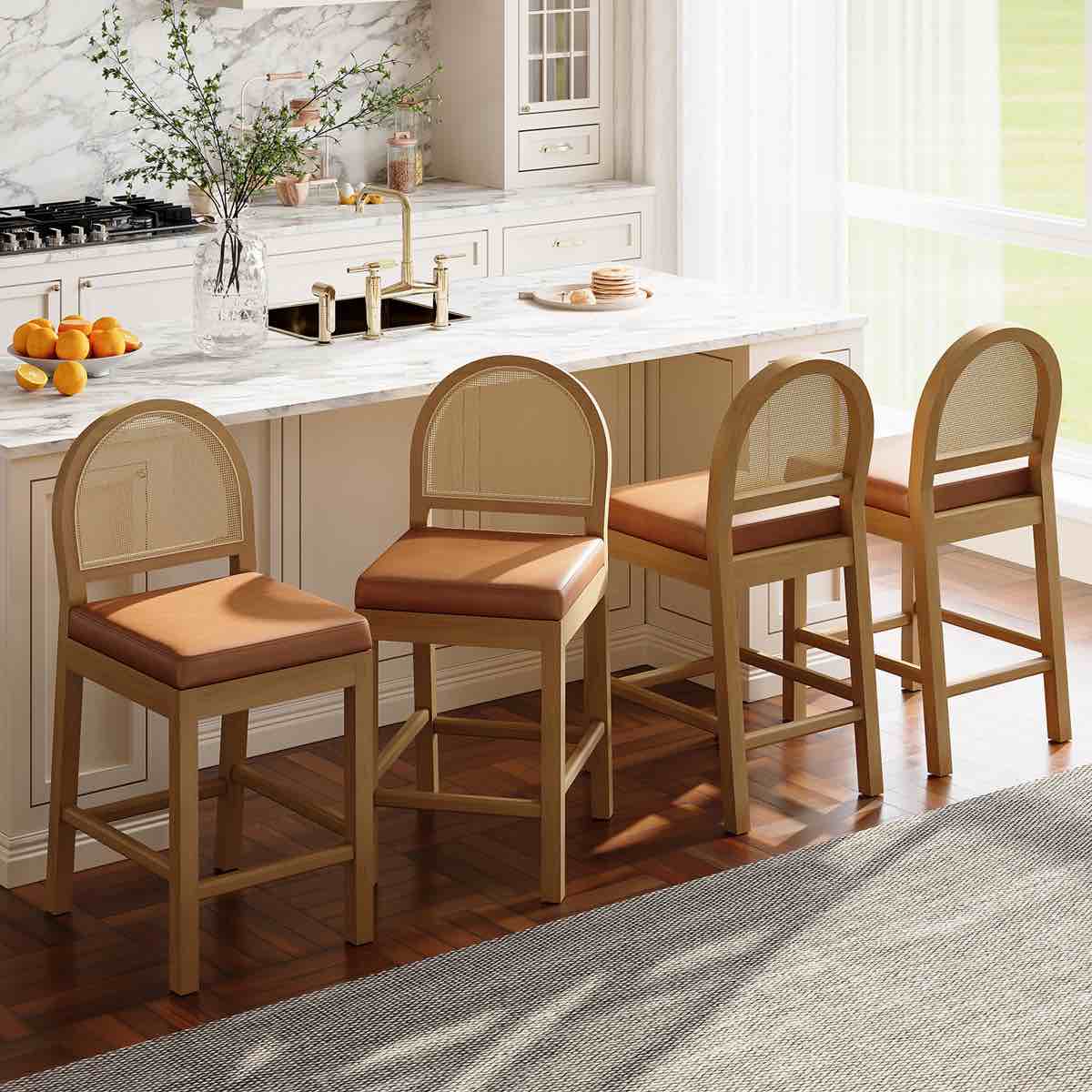 Wooden Bar Stools Set of 4 With Natural Rattan