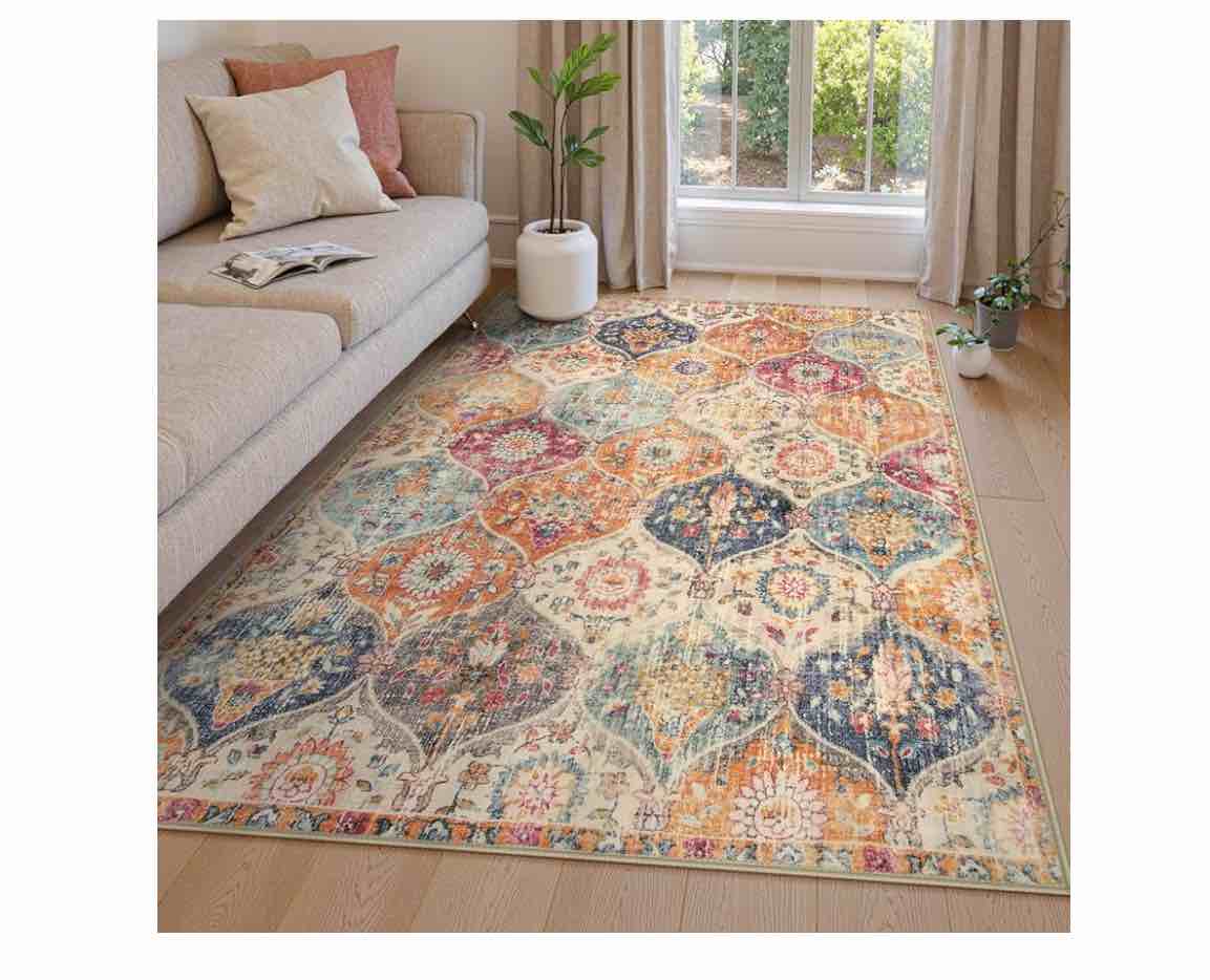 lahome moroccan trellis washable area rugs 5x7, 5x7 area rugs for living room bedroom, indoor non-slip large oriental accent throw carpet for kitchen entryway bathroom office, cream/multi