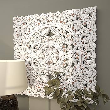 Deco 79 Wooden Floral Handmade Home Wall Decor Intricately Carved Wall Sculpture with Mandala Design, Wall Art 36" x 2" x 36", White