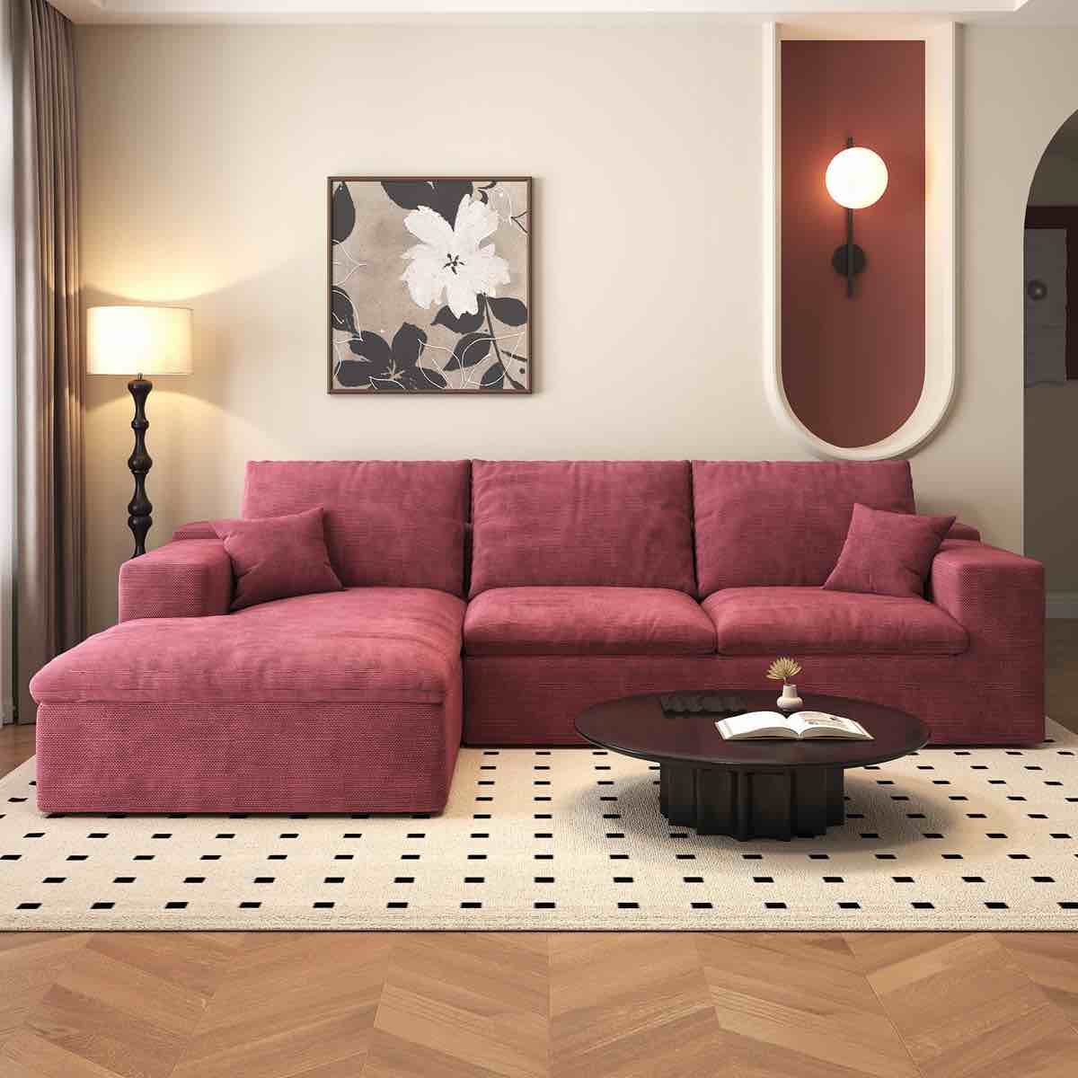 107'' L-Shaped Modern Modular Sectional Cloud Couch, 4-Seat Chenille Deep-Seat Sofa with Pillow for Living Room, Bedroom, Apartment, Wine Red (Box 1of 2 only)