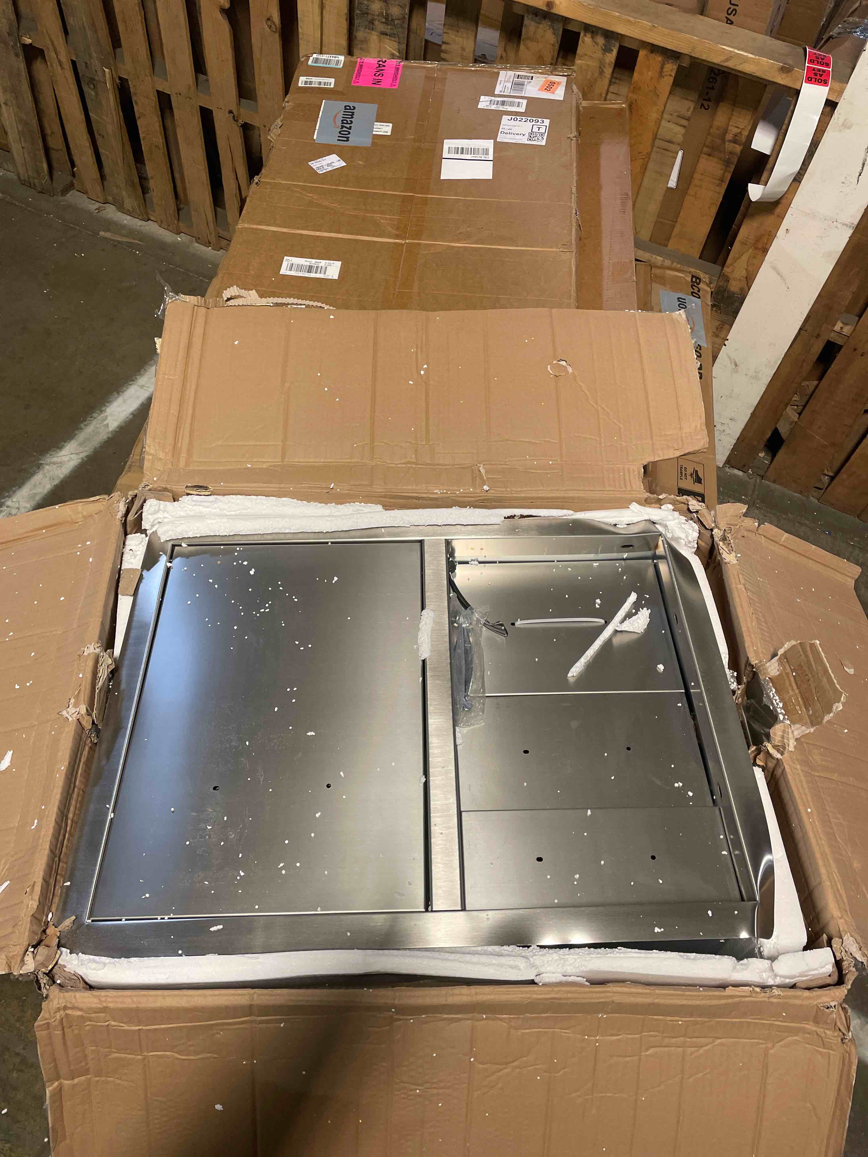 Condition photo showing As Is for Stanbroil Outdoor Kitchen Stainless Steel Combo Propane Tank Tray with Trash Bag Ring & Triple Drawer, 30-Inch (Damaged on edges) 