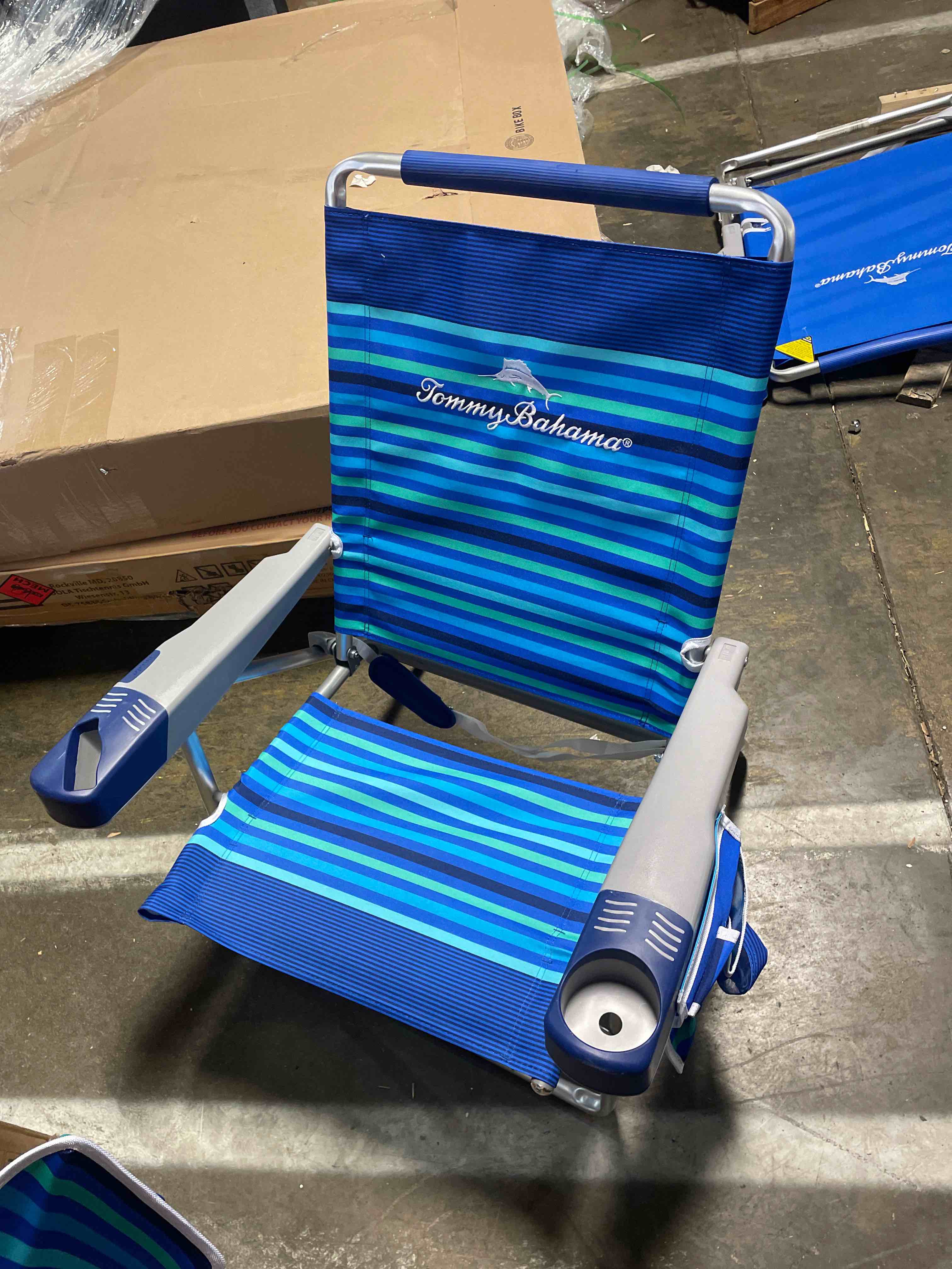 Condition photo showing New/Like New for Tommy Bahama Set of 2 Highboy 4 Position Beach Chairs 15 Inch Seat Height with Cupholder, Side Storage Pouch and Mobile Phone Holder