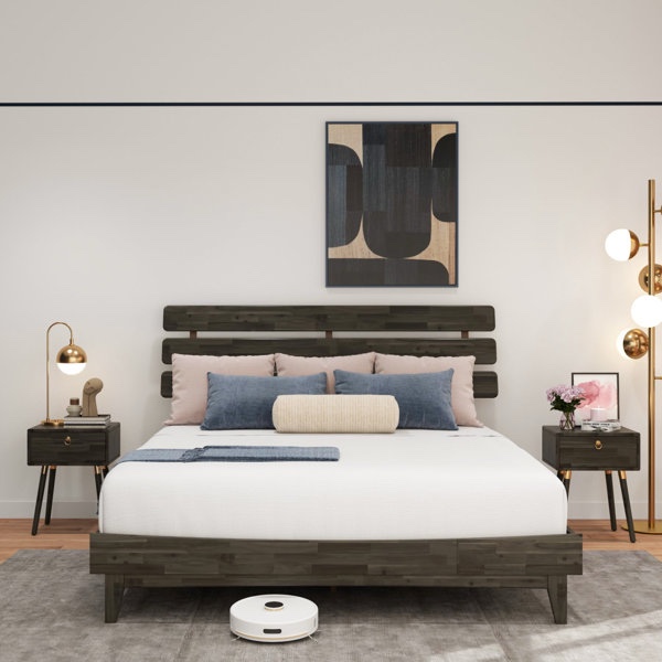 caden solid wood platform bed with adjustable headboard, mid-century modern king 