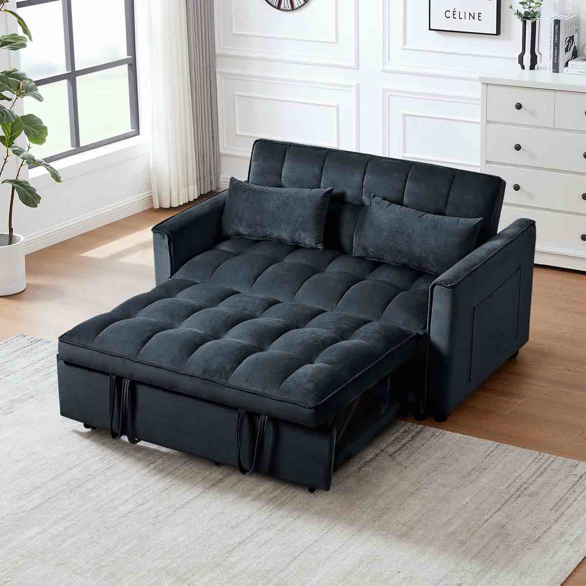 3 in 1 convertible sleeper sofa bed, modern pull out couch bed, adjustable backrest, velvet loveseat futon sofa with pillows & pockets for living room apartment(box 1 of 2)
