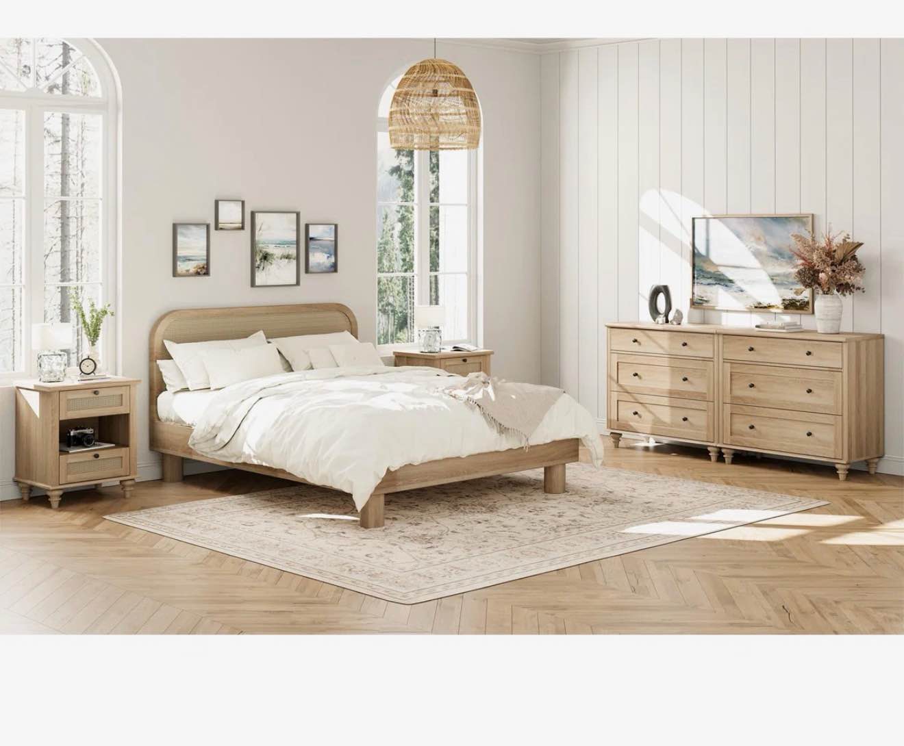scarlett 4 piece dresser and nightstand sets, two 3 drawer dressers & two rattan nightstands, oak