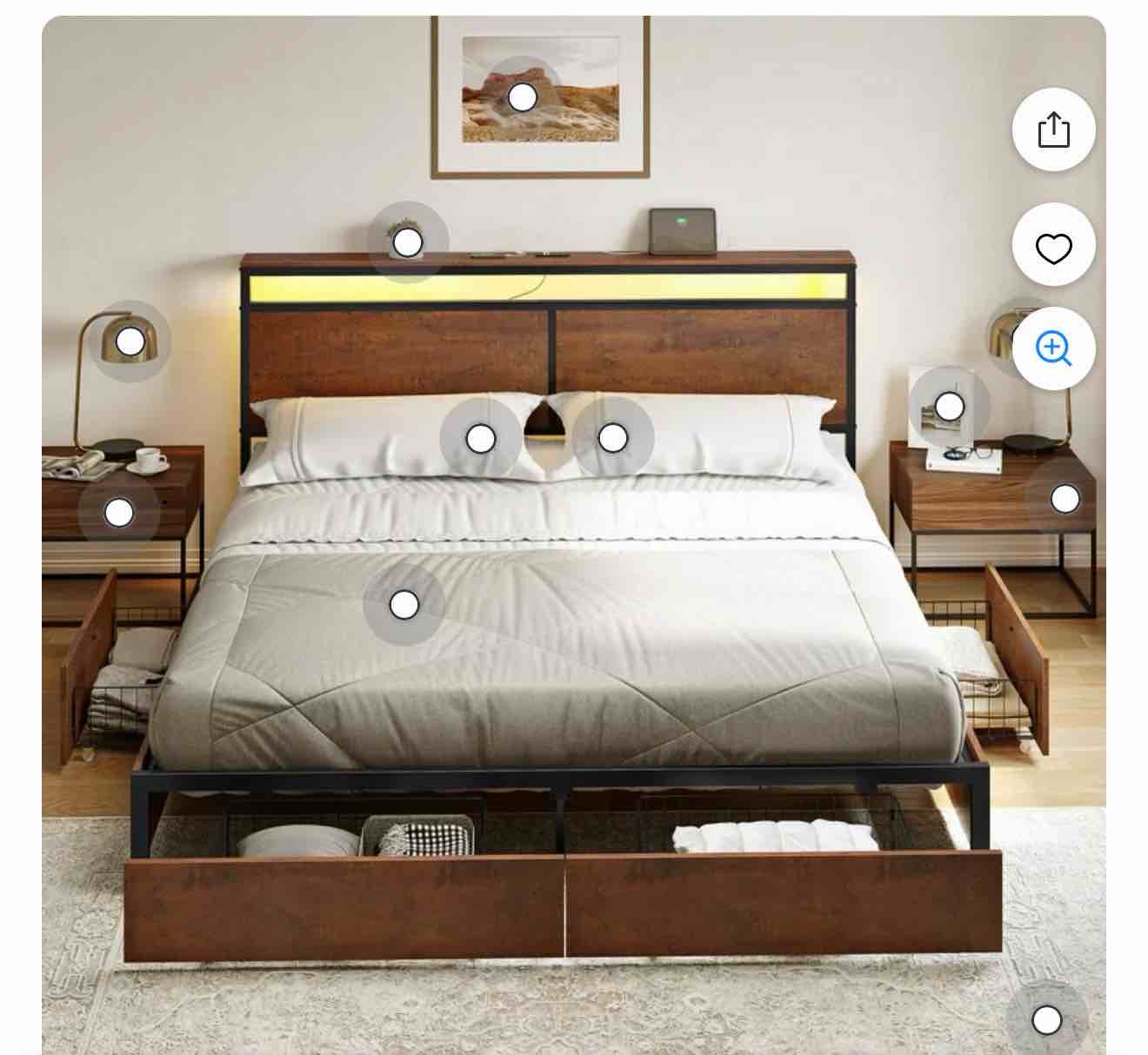gunaito full size bed frame with headboard and 4 storage drawers led bed frame with usb ports & outlets rustic brown