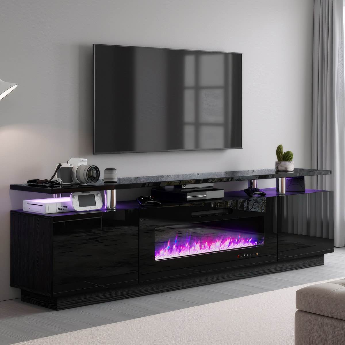 bhhatu 2 tier high 80" gloss tv stand with electric fireplace included, black(box 1 of 2)