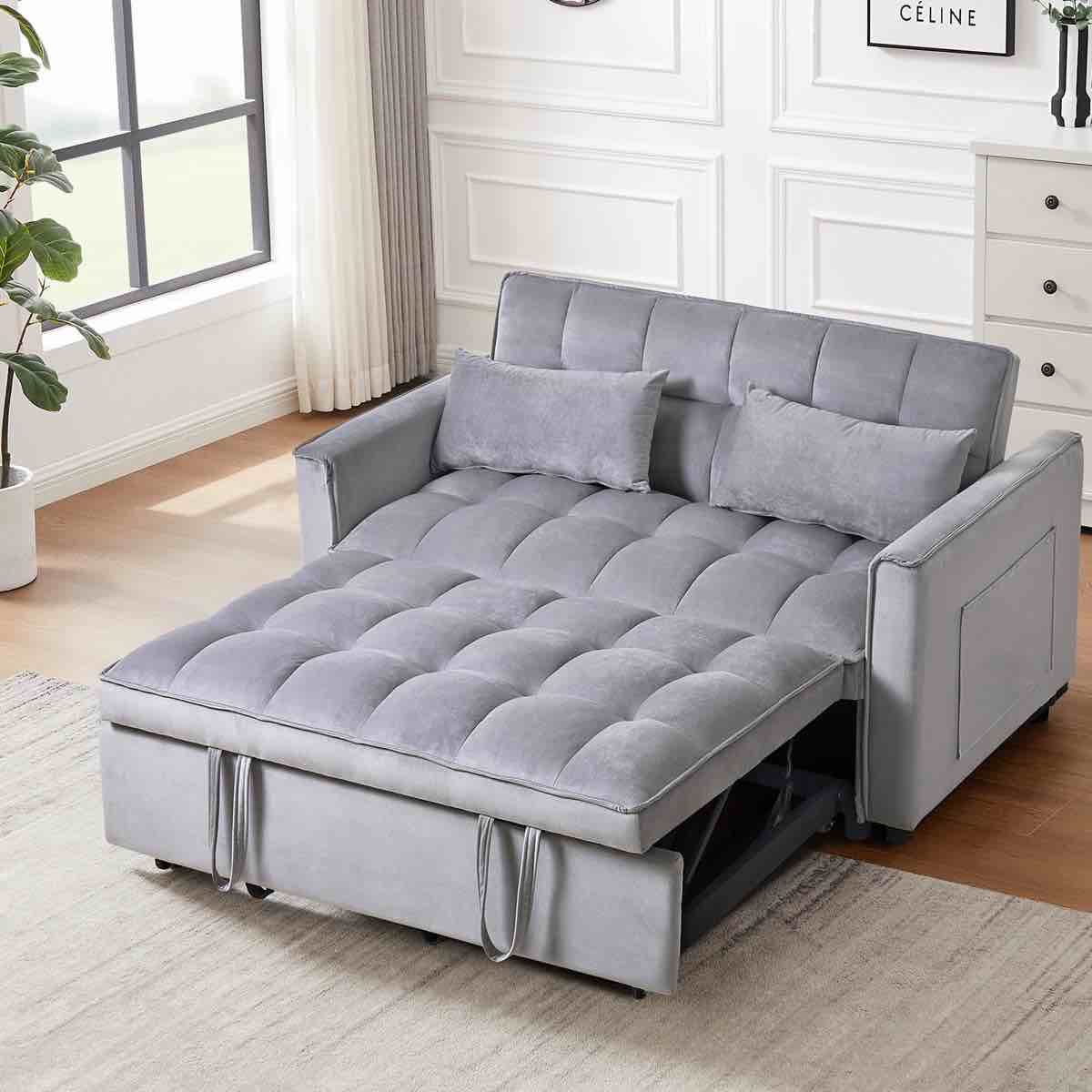3-in-1 convertible sleeper sofa bed, velvet loveseat with pull out bed, adjustable backrest, side pockets, grey, 53.5 x 33.5 inches dark grey(box 1 of 2)