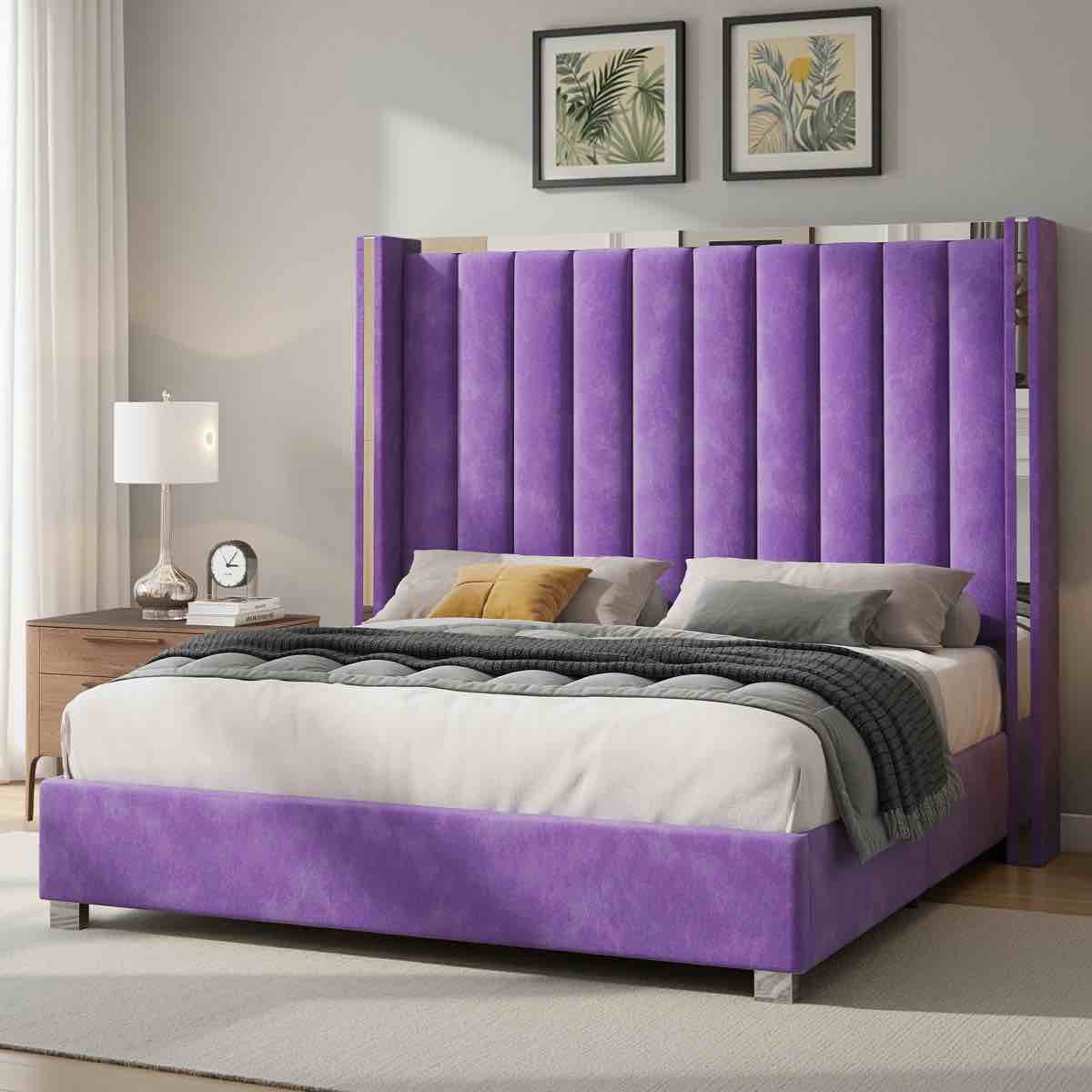 gerasim bed frame with 58" tall headboard, velvet upholstered platform (box damaged)