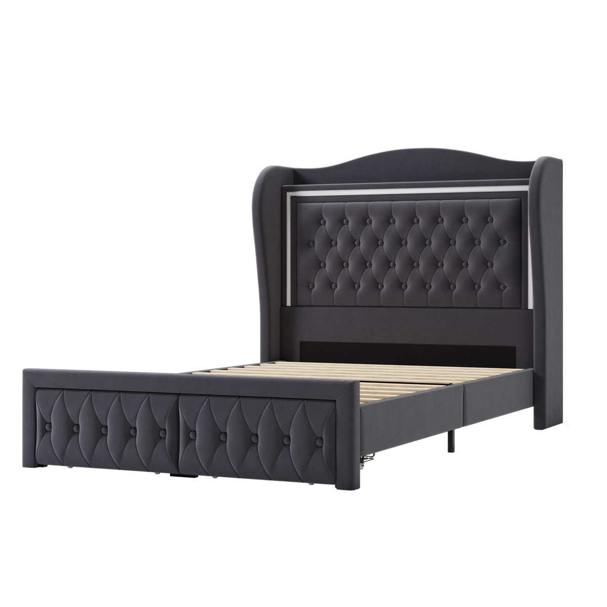 kaliya velvet upholstered platform bed with wingback headboard & led lighting, 2 underbed storage drawers, suitable for bedroom, guestroom, personalized homestays(box damaged)