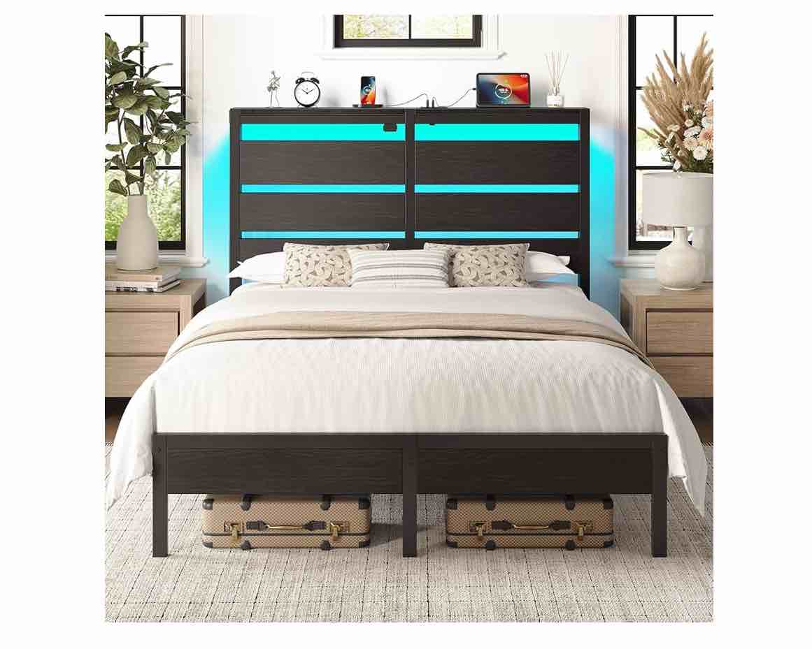 rolanstar full size bed frame with led lights and charging station, wood storage headboard and under bed storage, metal platform, noise free, no box spring needed, balck oak(box open and damaged)