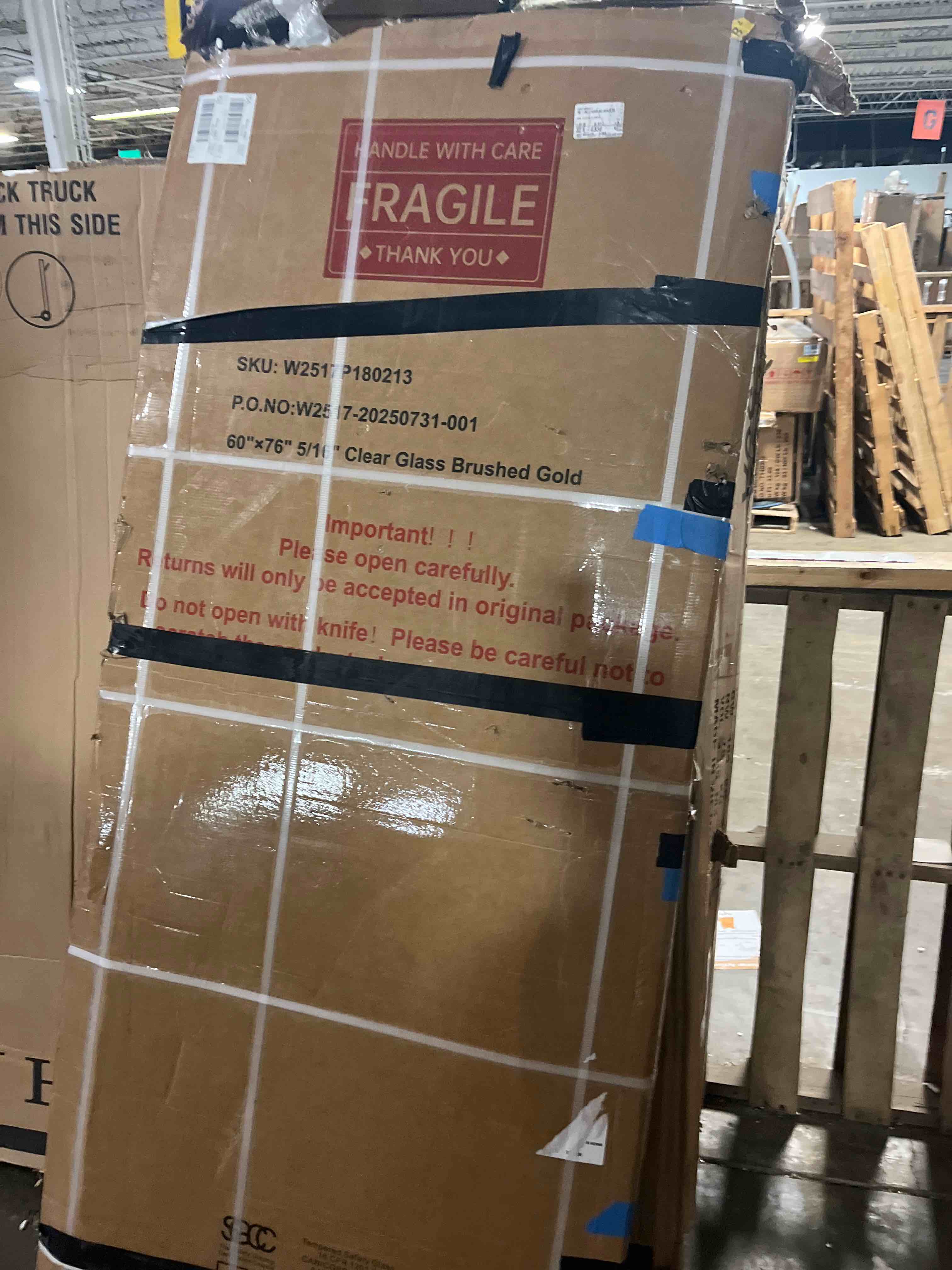 Condition photo showing New/Like New for KPUY Frameless Shower Door, 55-60" W x 76" H Sliding Glass Shower Door, 1/4" (6mm) Thick Tempered Clear Glass with Explosion-Proof Film Nano Coating, Stainless Steel Hardware, Brushed Gold Brushed Gold 55-60" W x 76" H