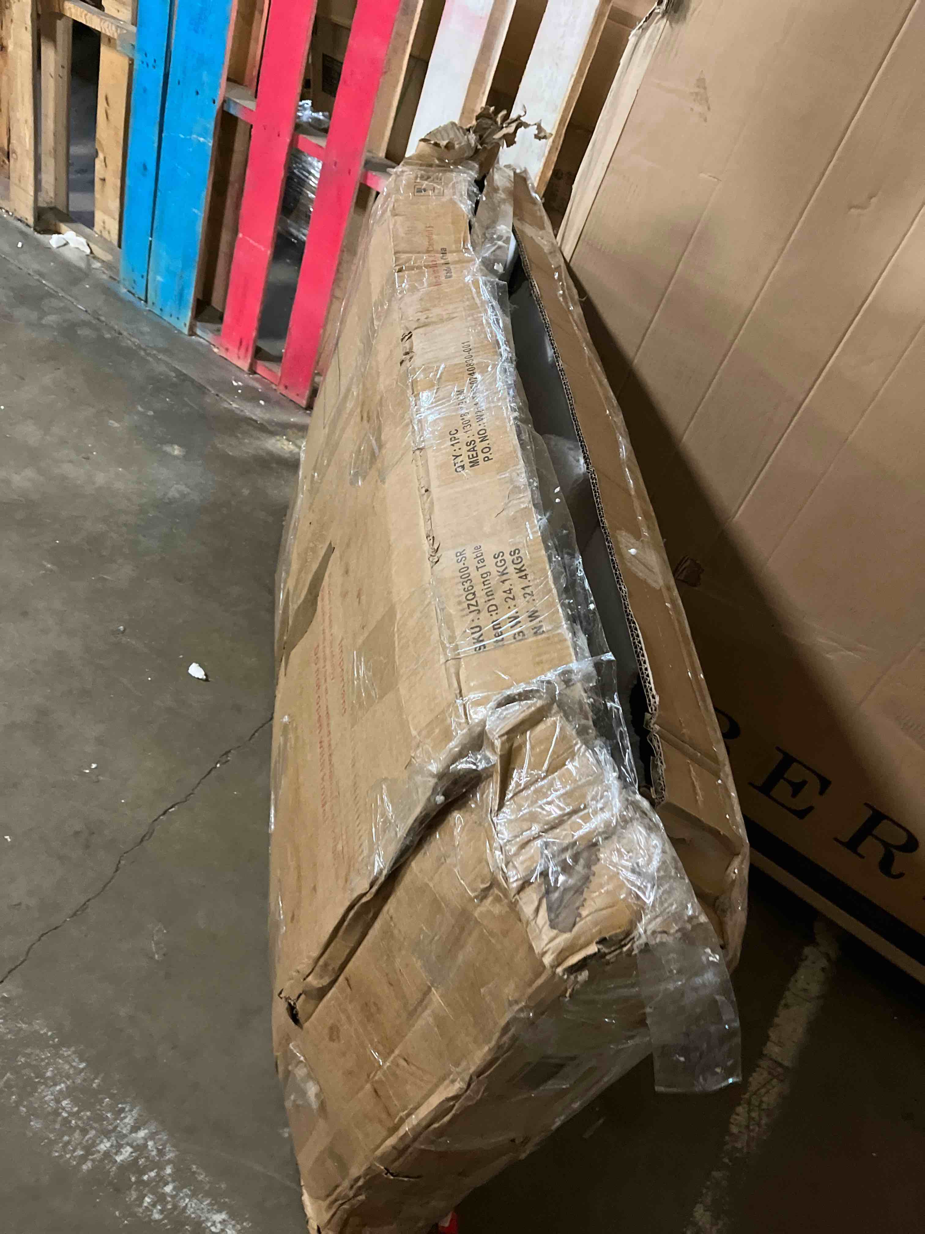 Condition photo showing As Is for 51.18" Rectangular Glass Dining Table, Tempered Glass Kitchen Tabe with Metal Legs, Stylish and Sturdy Dinner Table for Home and Outdoor Dining (Silver, 47.24")(Open box )