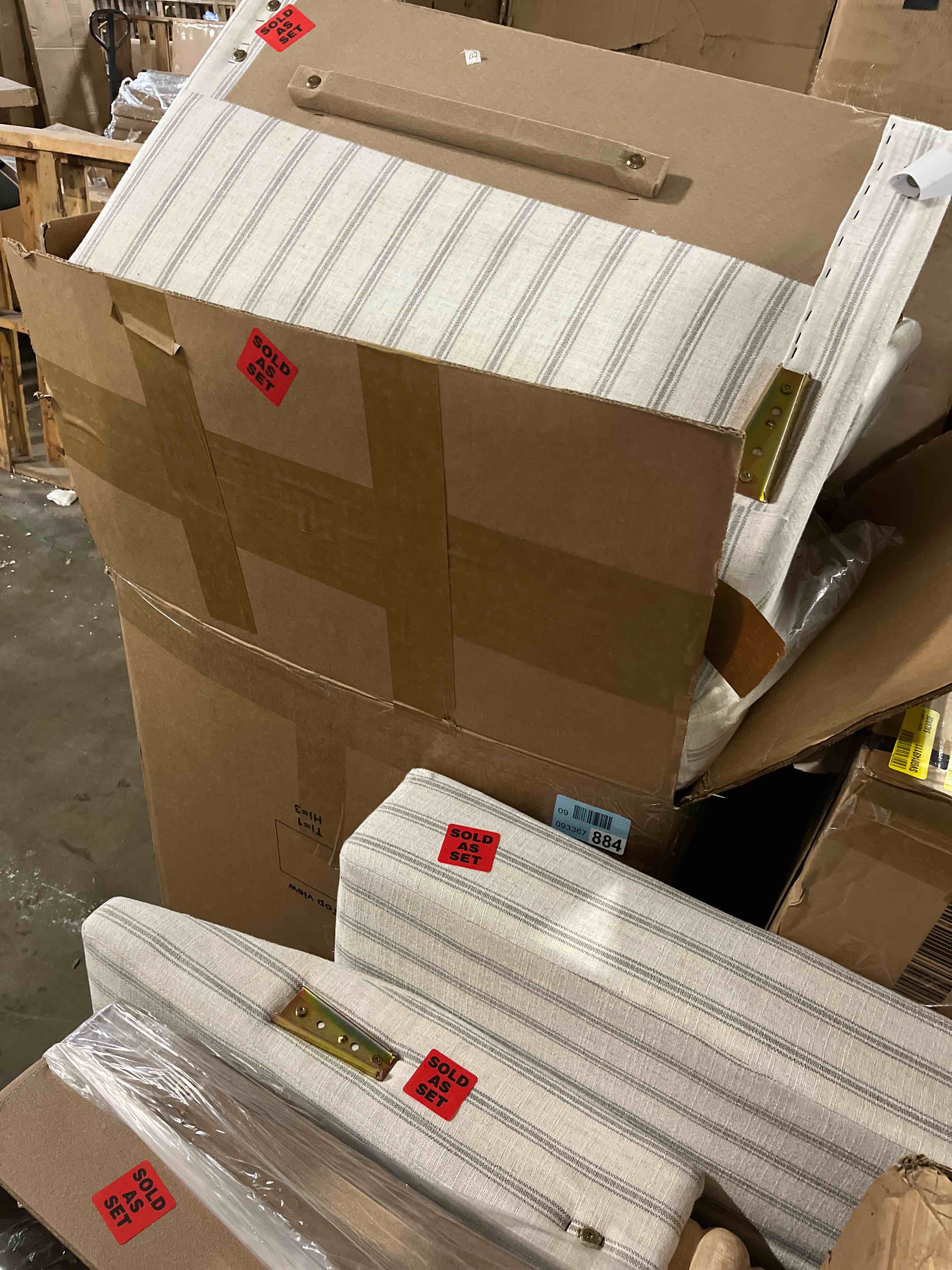 Condition photo showing As Is for Isaac 104" Farmhouse Striped Sectional Sofa with Rolled Arm and Solid Wood Spindle Legs(Incomplete)