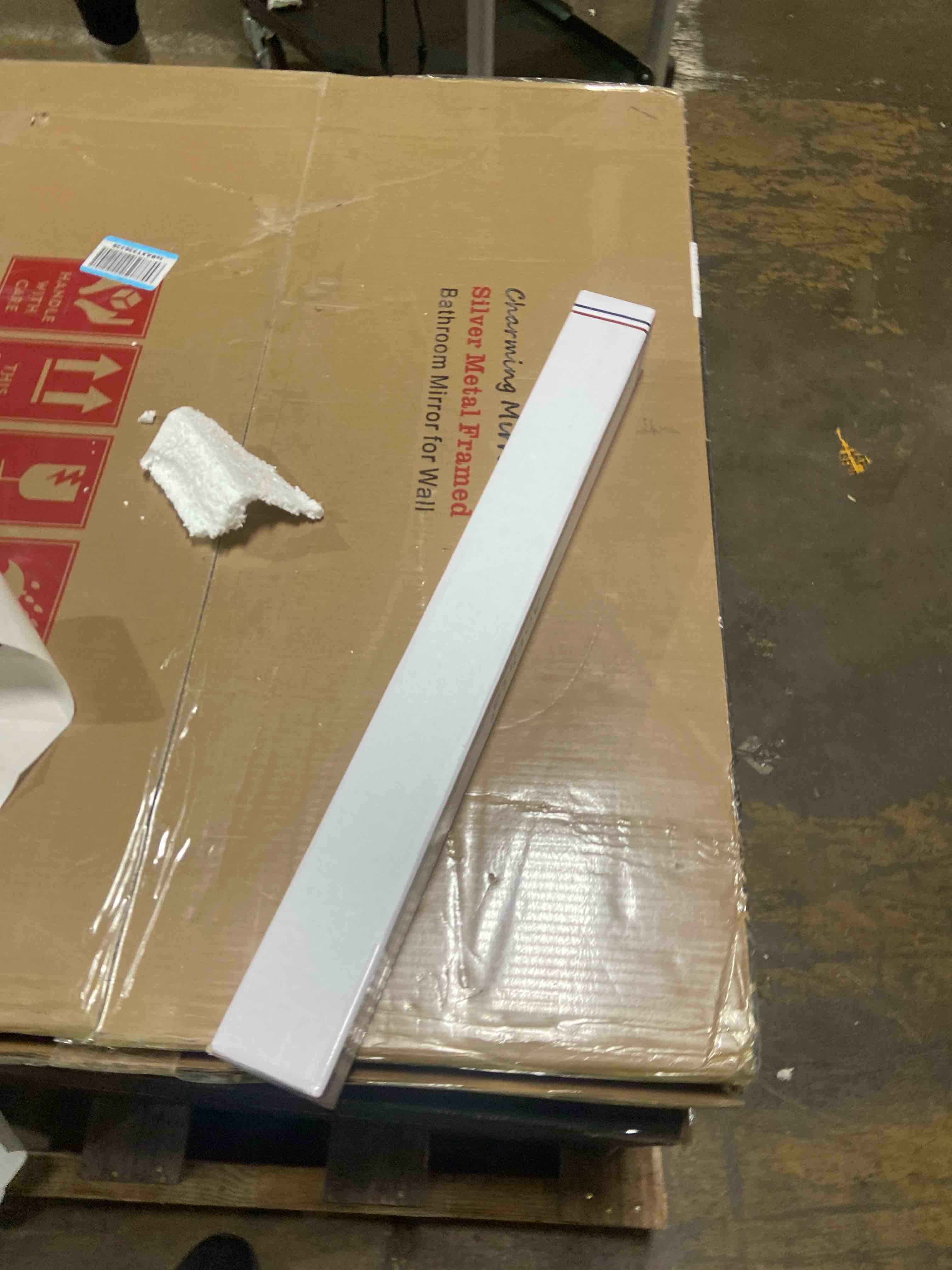 Condition photo showing New/Like New for 28x36 Silver Bathroom Mirror for Wall, Brushed Metal Framed Bathroom Vanity Mirror, Rounded Corner Rectangle Silver Mirror, Shatterproof, Anti-Rust (Horizontal/Vertical)