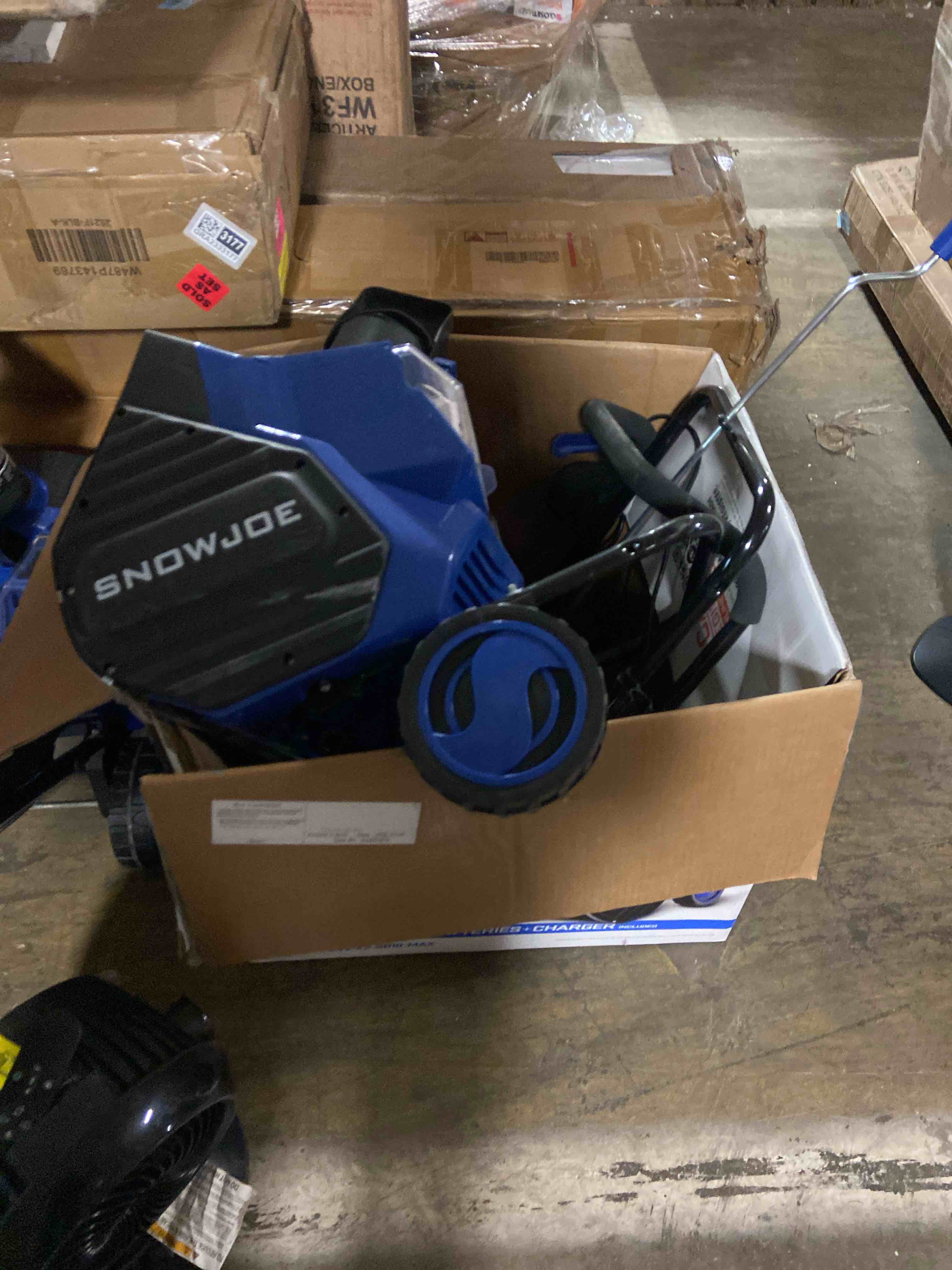 Condition photo showing As Is for Snow Joe 18 Inch Wide 48V Cordless Snow Blower with Cover + (2) 4.0Ah Batteries / Charger