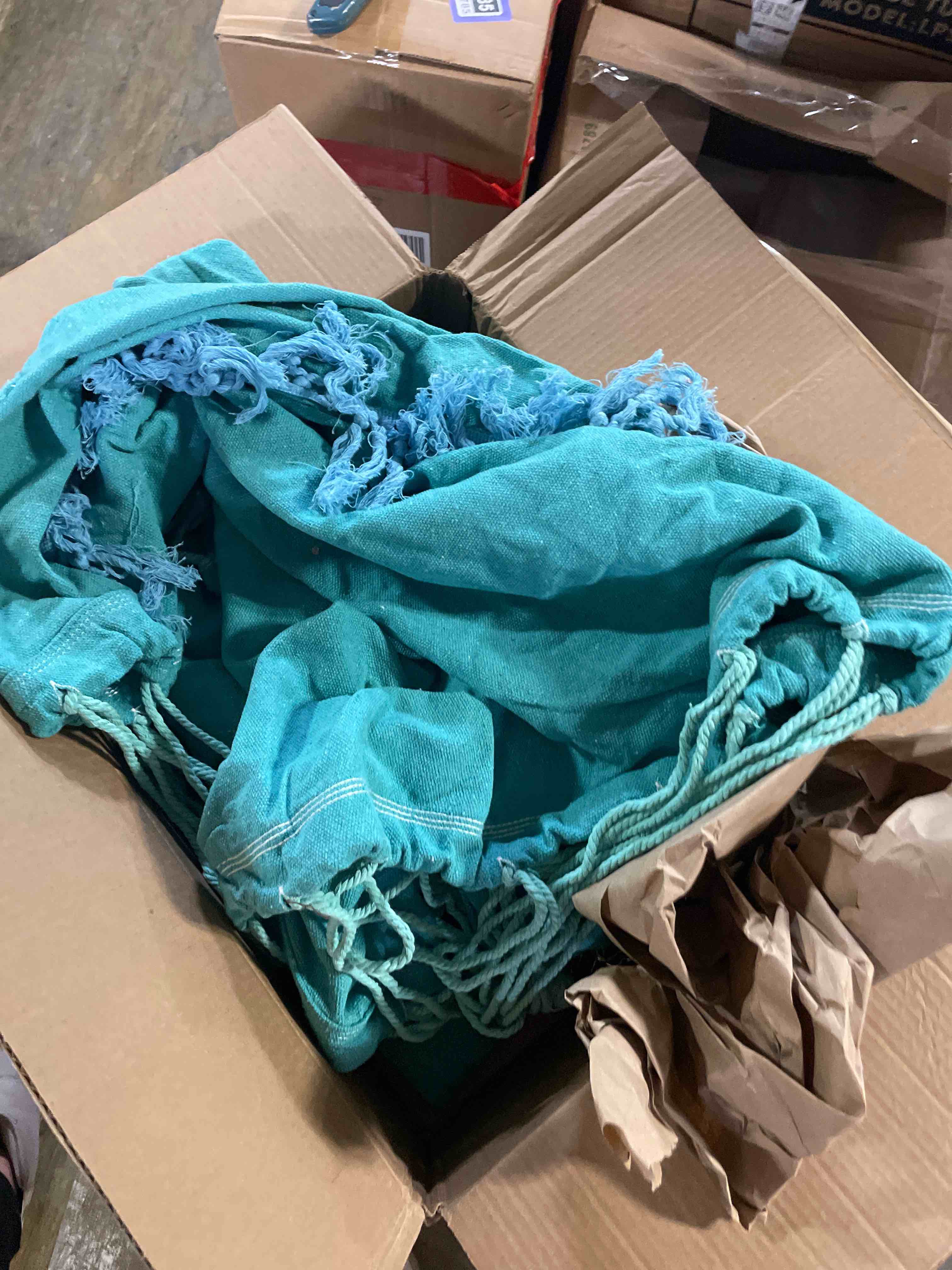 Condition photo showing As Is for COLOR DIFF)) PNAEUT Hammock Chair Hanging Rope Swing with Tassel and Pocket, Max 500 Lbs, 2 Cushions Included, Steel Spreader Bar with Anti-Slip Rings, Hardware Kit and Bag, for Indoor Outdoor (Aqua)