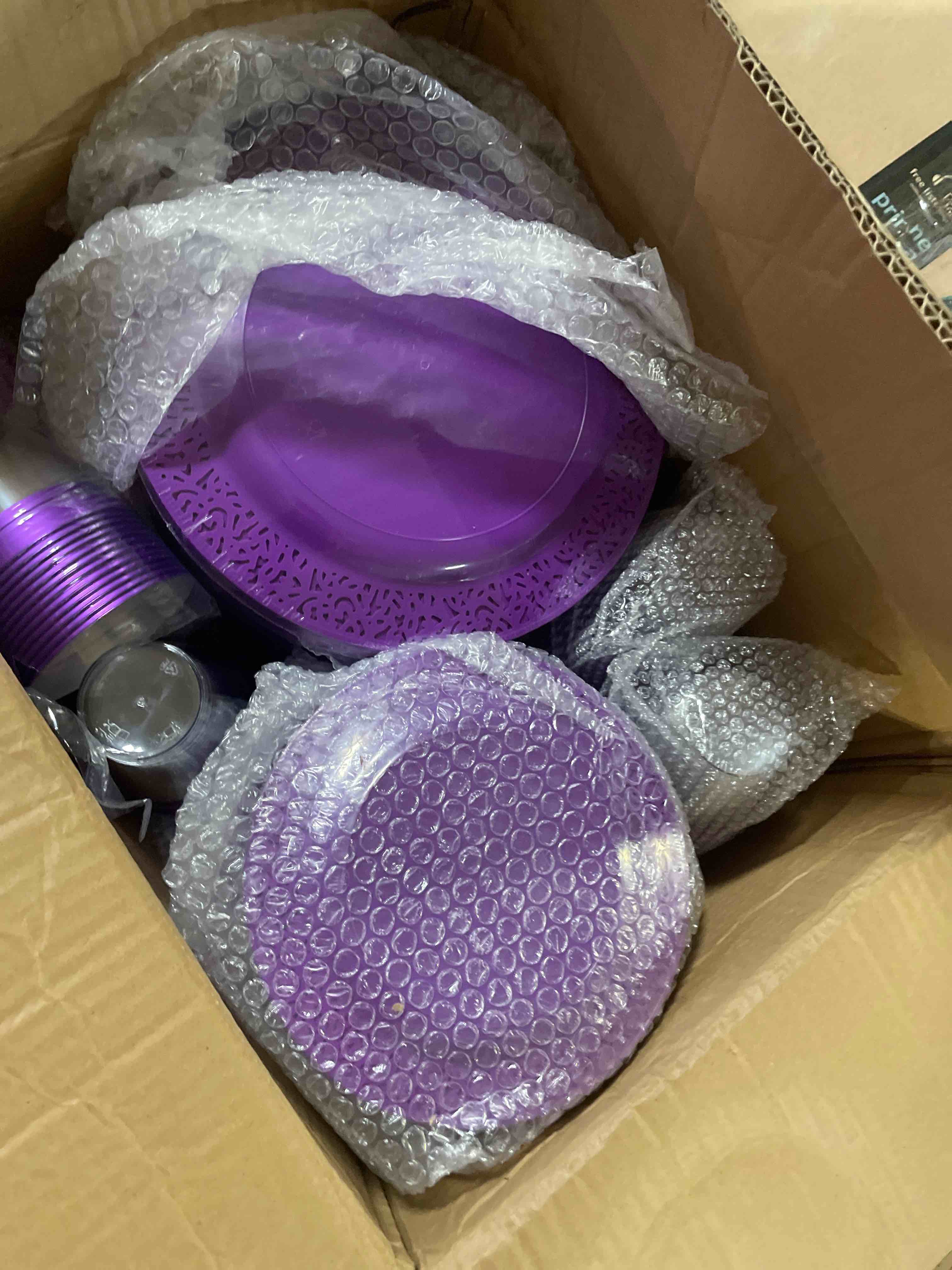 Condition photo showing New/Like New for Norme 450 Pcs Purple Silver Plastic Party Plates Sets Include 75 Dinner Pate 10.2 In, 75 Dessert Plate 7.5 In, 75 Cutlery, 75 Cup Lace Design Disposable Dinnerware for 75 Guests Wedding Party Supplies