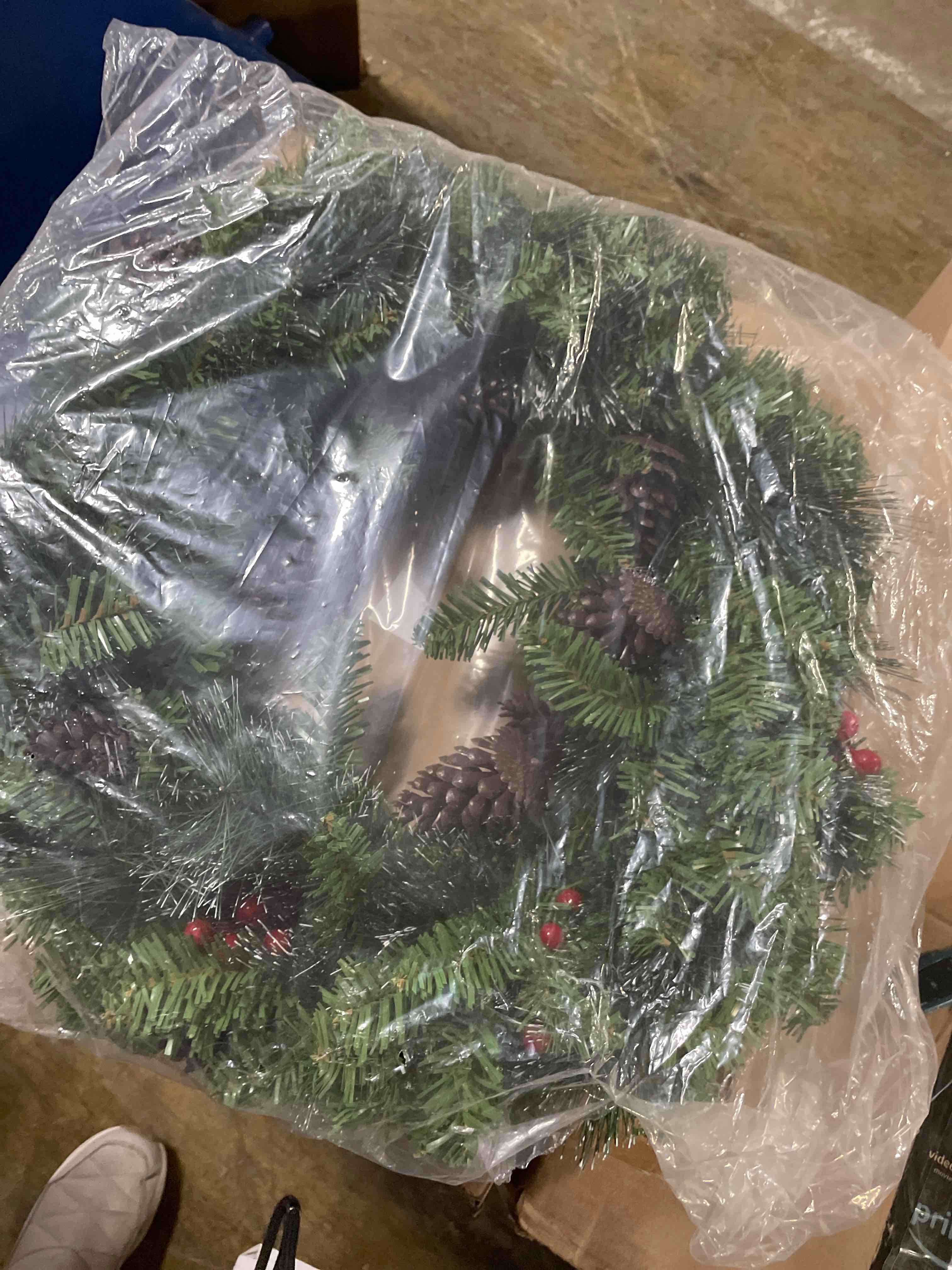 Condition photo showing New/Like New for Christmas Wreaths for Front Door, 27 Inch Christmas Wreaths, Christmas Wreath with Lights, Outdoor Large Christmas Wreath, Prelit Christmas Decor with Pine Cones, Pine Needles,Red Berries Green